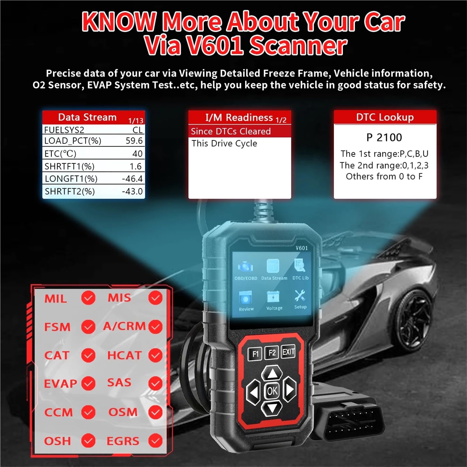Professional Obd2 Scanner, Car Fault Code Reader Diagnosis Tool That Supports Obd Ii Protocols Starting, Reading and Clearing, Battery Testing, No Power Supply Required, USB