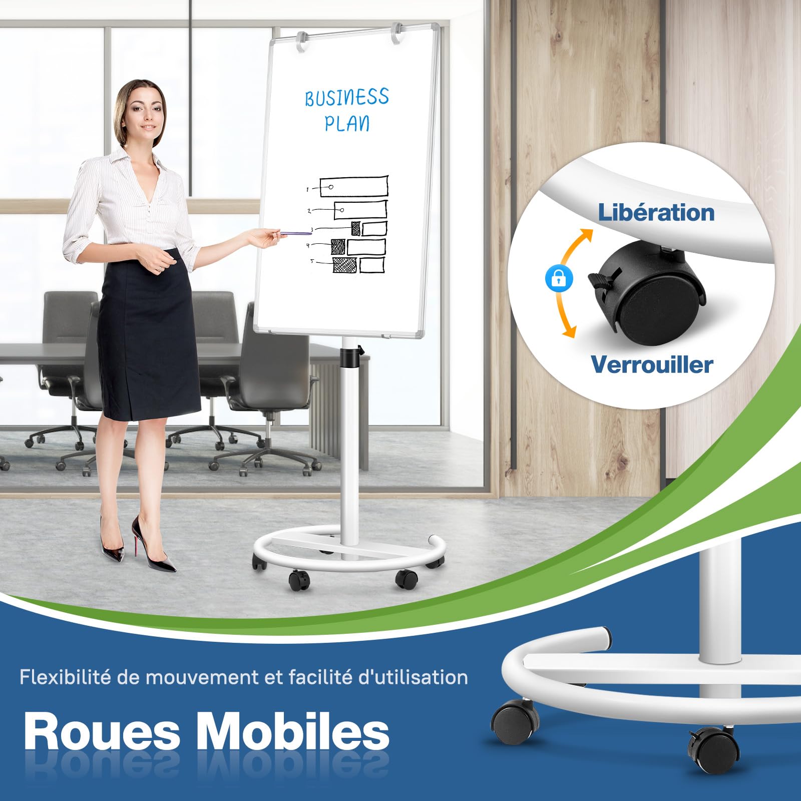 Tableau blanc mobile, magnétique, 60 x 90 cm, avec support, réglable en hauteur, pour bureau, cours