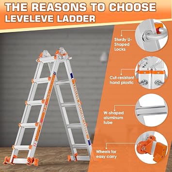 Multiple Positions 5 Step Ladder, 5.1m Sliding Ladder with Stabiliser and Wheels, 150 kg Safety Load, One Frame Ladder for Stairs, Home, Indoor, Outdoor, Roof