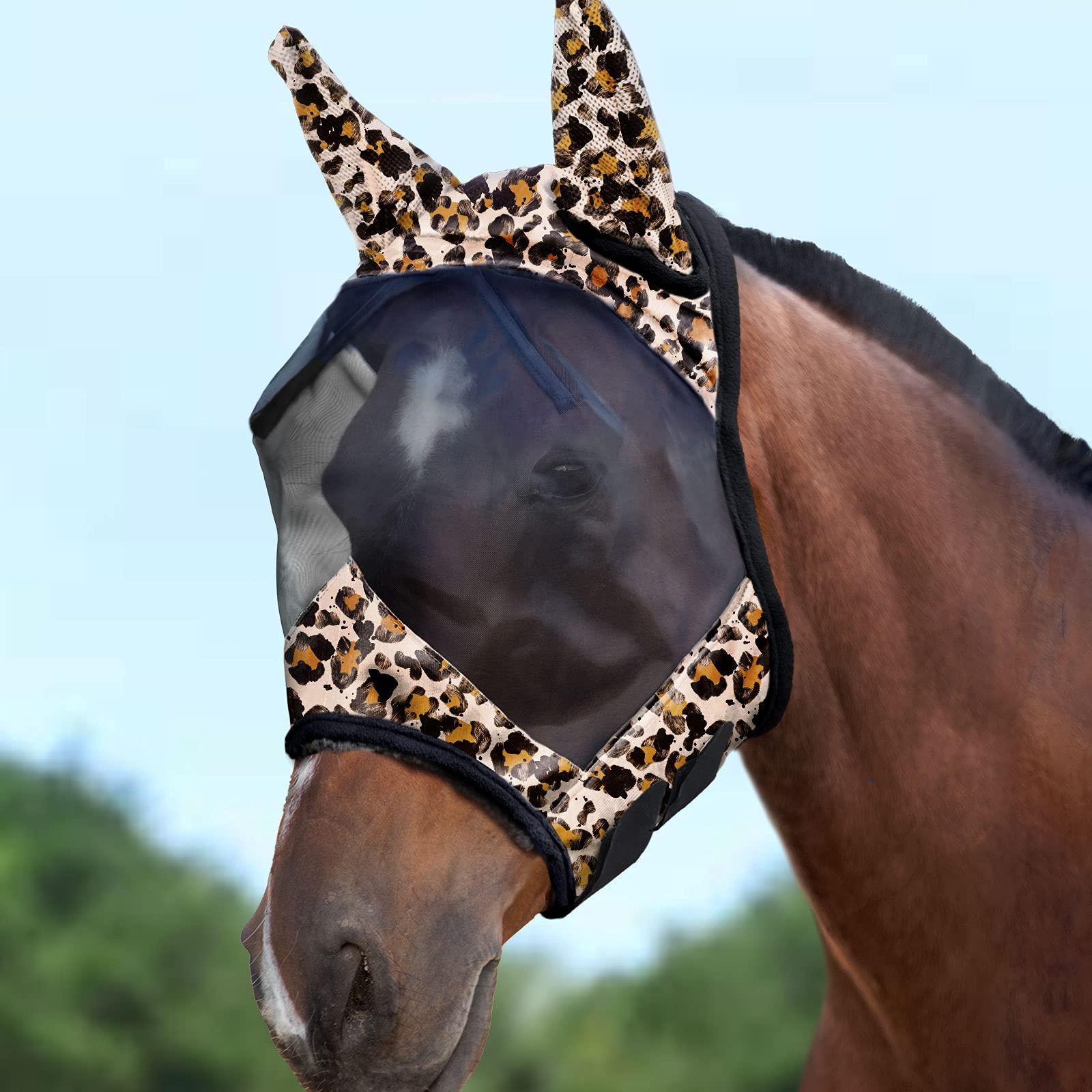 Harrison Howard CareMaster Máscara de Mosca de Caballo Estándar con Orejas Protección UV para Caballo-Estampado de Leopardo (L) — view 14