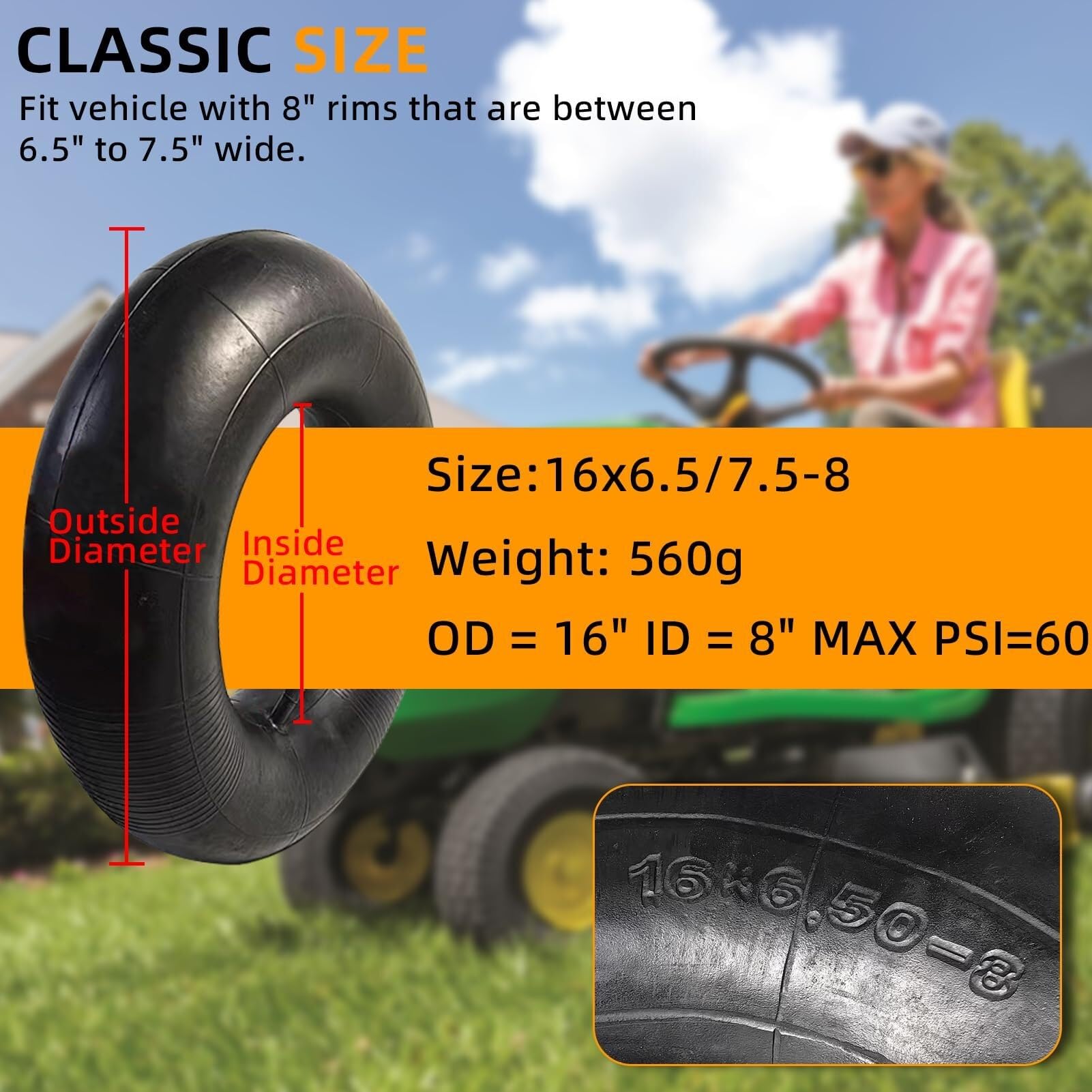 4 szt. dętek 16x6.50-8/7.50-8 do opon ogrodowych i trawnikowych z prostym wentylem TR-13 | Pasuje do wytrzymałych wózków golfowych | Taczek | Quadów | Traktorów | Przyczep rolniczych | Odśnieżarek