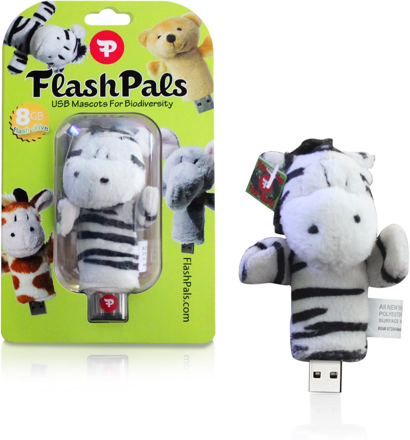 Cute, Plush Flash Drive Keychain by FlashPals | Lovable Zebra Design + Light-Up Heart + 8GB USB Pen Drive | Useful Gift for Kids and Animal Lovers (Black/White)