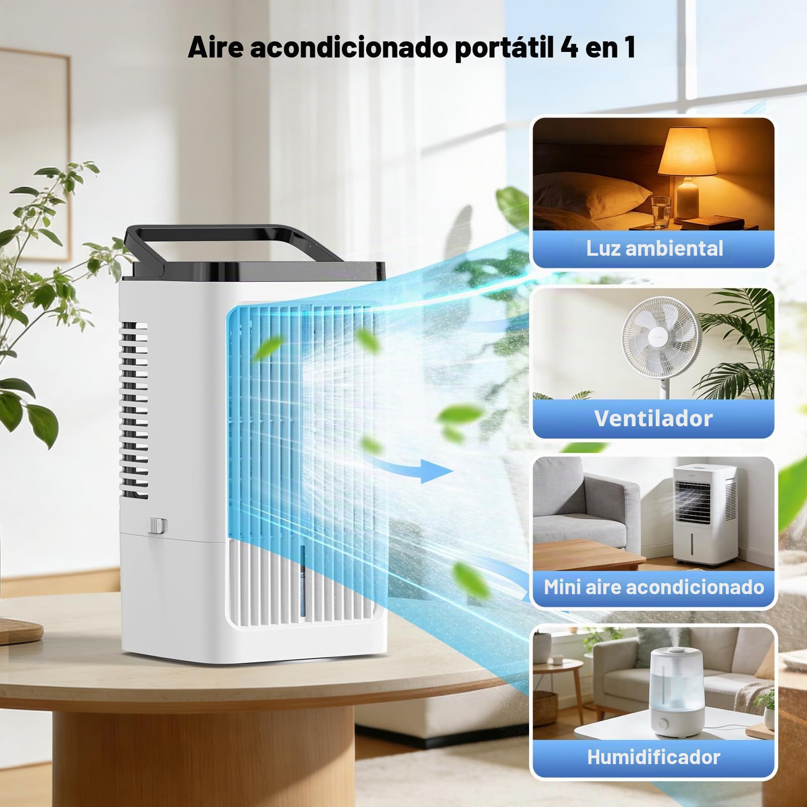 Aire acondicionado móvil evacuable 4 en 1, enfriador de aire silencioso de 1200 ml con 2 modos de nebulización, temporizador, oscilación de 90° para oficina y cocina, Blanco lechoso