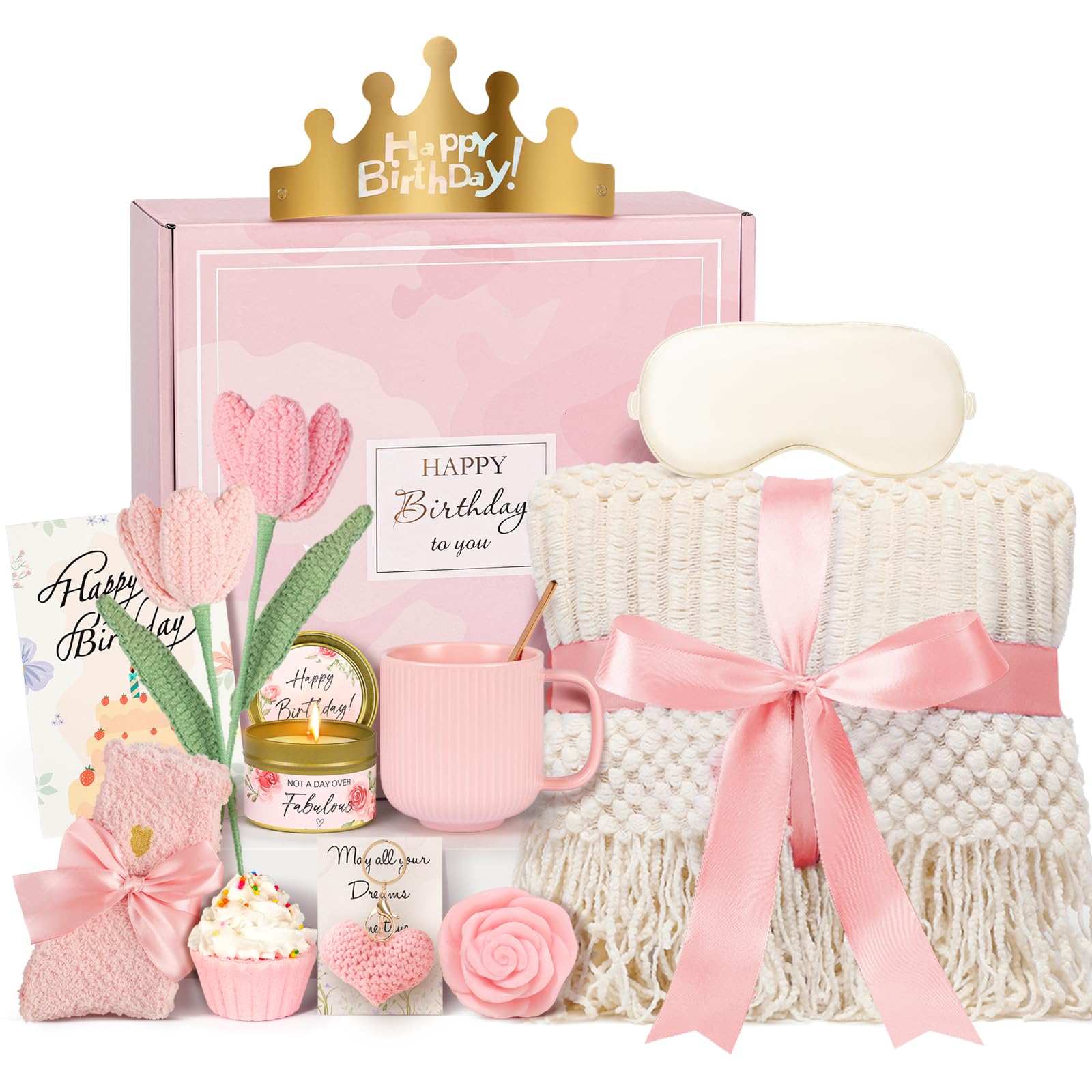 Birthday Gifts for Women - 13PCS Unique Happy Birthday Gifts Basket for Mom Her Best Friend Sister Wife Girlfriend Coworker - Relaxing Spa Self Care Package Get Well Soon Gifts Set (Rose)-image-44
