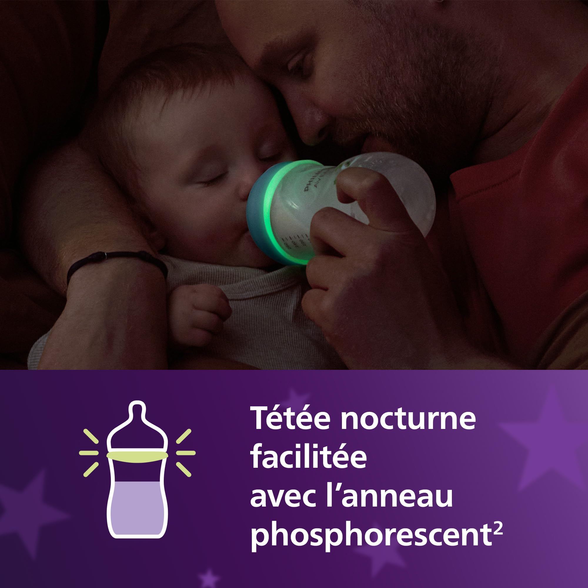 Philips Avent Biberon nuit Natural Response – bouteille 260 ml avec tétine à débit moyen (débit 3), anneau de biberon phosphorescent, motif petit paresseux endormi, SCY903/81