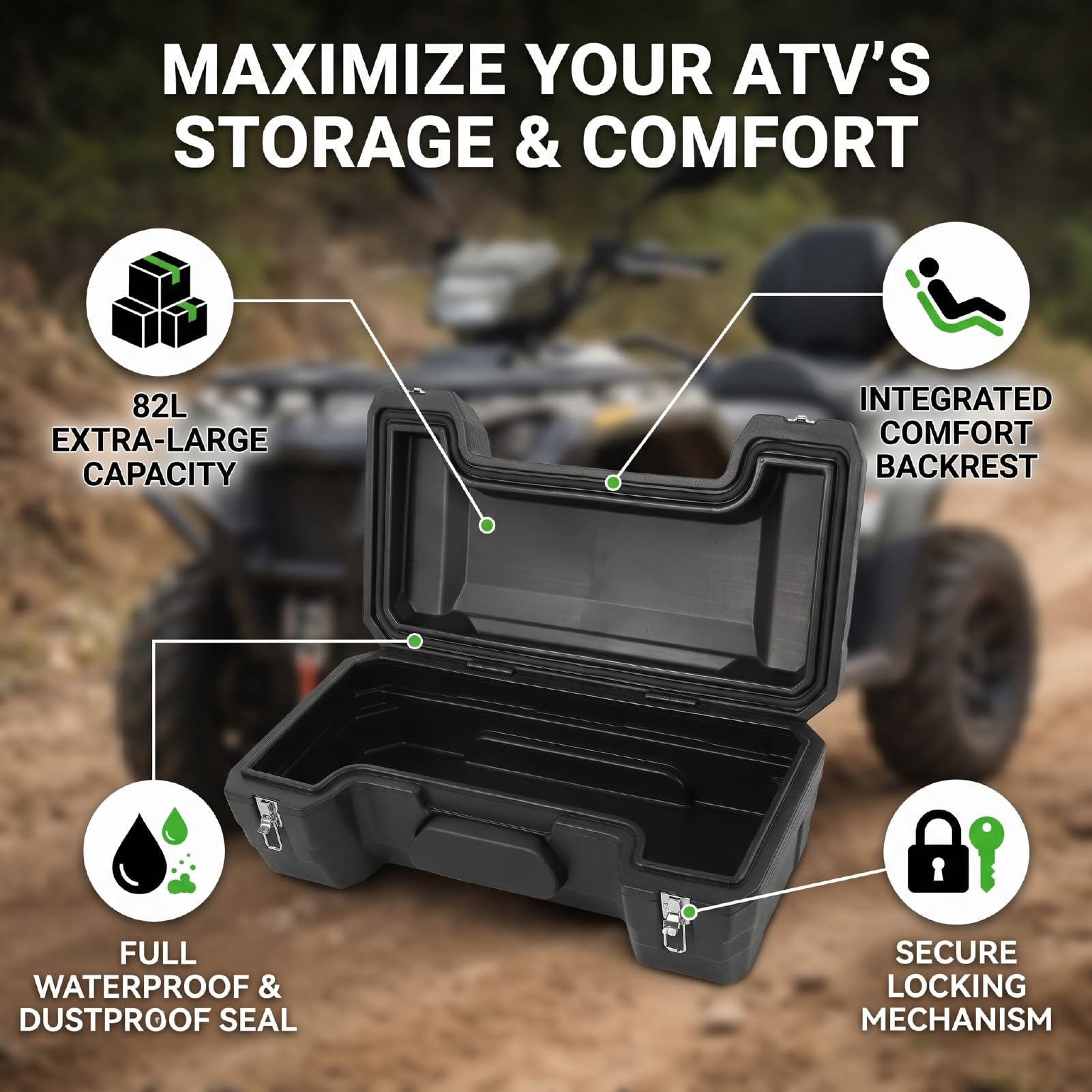 Yctze ATV Tylny Bagażnik ATV Tylny Pojemnik Ładunek | Skrzynia 82L wodoszczelna z ABS z zamkiem bezpieczeństwa i odblaskowymi paskami oparcia do ATV UTV na tylny bagażnik