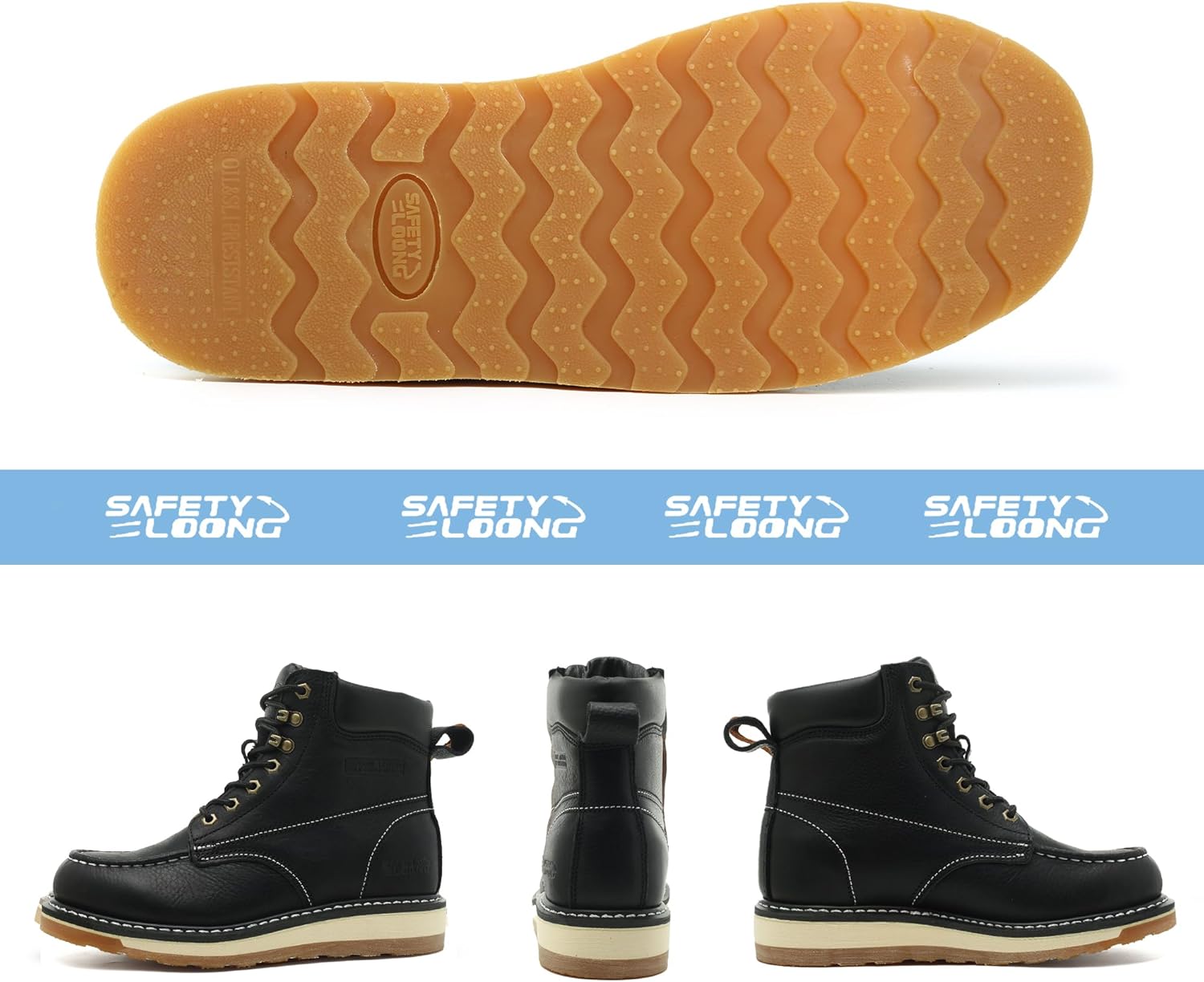 Moc Toe Work Boots for Men Waterproof Soft/Steel Toe Comfortable Full Grain Leather Non Slip Wedge Outsole Construction 6" Workboots - Image 5