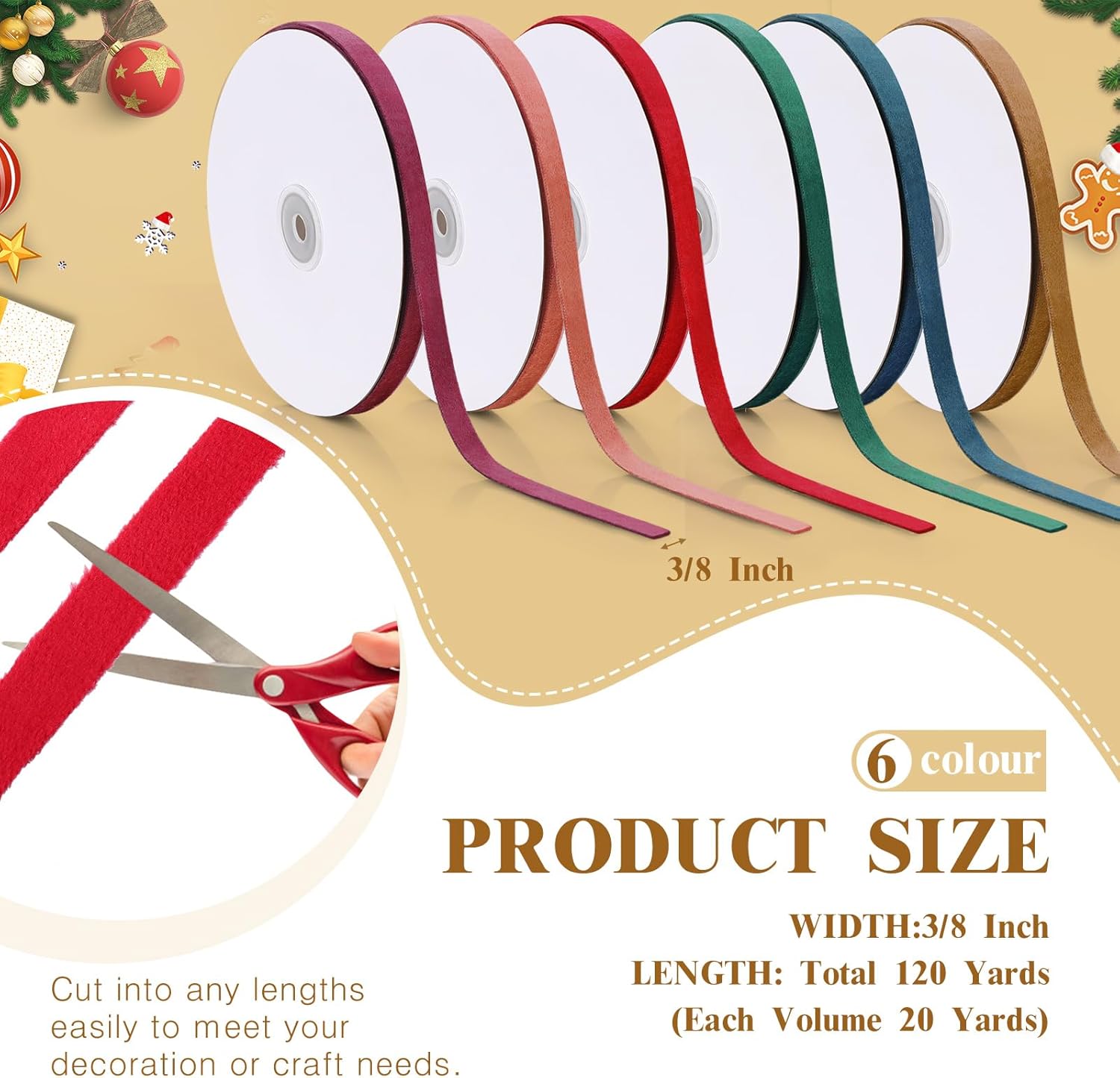Yunlly 6 Rolls 3/8 Inch Christmas Velvet Ribbon for Gift Wrapping Bow 120 Yards Vintage Assorted Multicolored Craft Ribbon for Christmas Tree Wedding Decoration Ornament Making(Vivid Color)