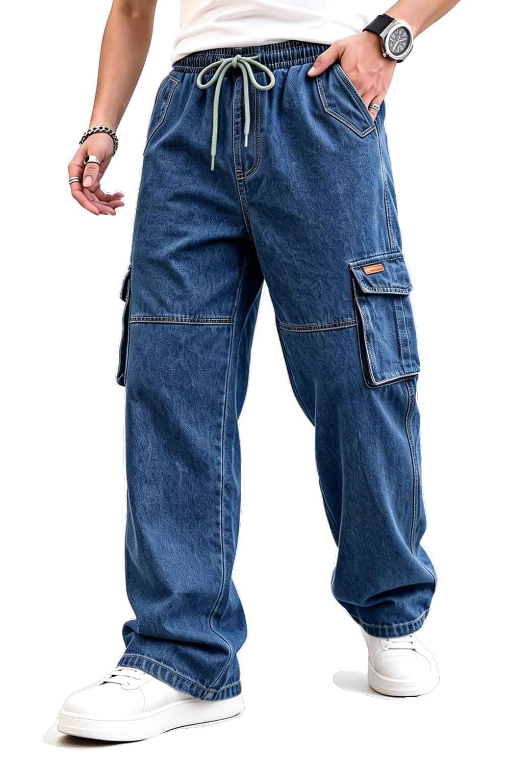 Heyfanee Mens Baggy Cargo Jeans Elastic Waist with Drawstring Denim Pants Street, Y2K loose fit wide leg, Soft comfy hides leg flaws, Great for daily hangs, Chill trendy retro style easy.