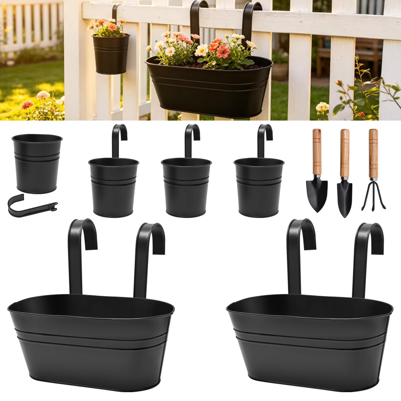 Lot de 6 Pots de Fleurs à Suspendre en Métal, Seaux à Fleurs Suspendre avec Crochet Amovible,Pots Suspendus Balcon Décor avec Set de 3 Outils de Jardinage