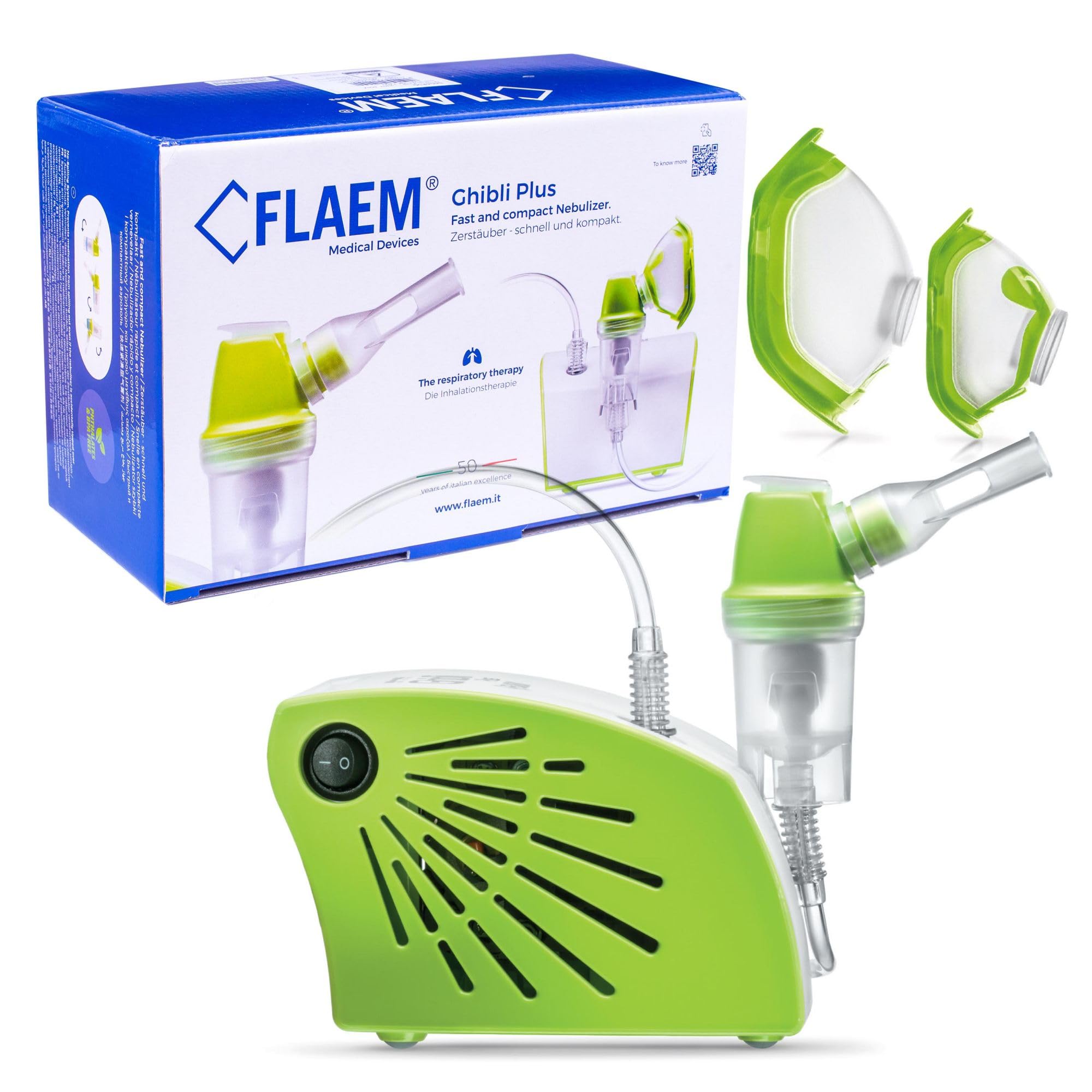 FLAEM Ghibli Plus Inhalator Pneumatyczno-tłokowy , Dwuprędkościowy, dla Całej Rodziny, z Technologią Antywylaniową, Certyfikowany, Dwie Maski