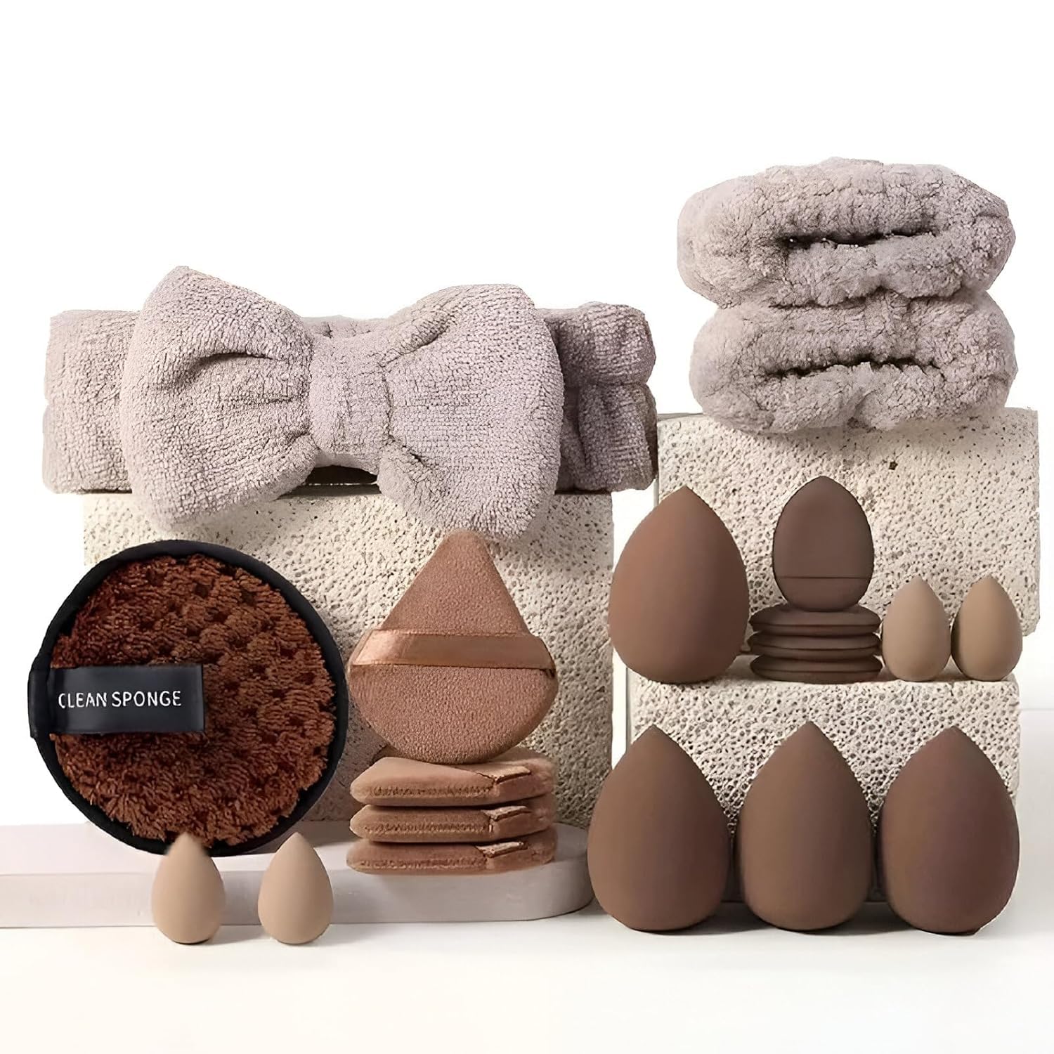 Multi-Shape Makeup Sponge Set | 20 Piece Beauty Puff Collection with Headband and Clean Sponge | Pink, Purple, Beige & Bright Sets | Face Blender Kit for Cream, Liquid & Powder | Aesthetic and Functional Makeup Tool (Brown, 20Pcs)
