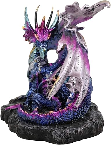 Vista 6 de Ebros - Figura de dragón madre con piedra preciosa de cielo de medianoche azul violeta con estatua de bebé Wyrmling de 7.25 pulgadas de largo
