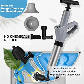 Toilet Plunger, High Pressure Toilet Plunger with Gloves,2 Hair Snake,2 Hair Filters, Toilet Auger Air Drain Blaster with Real-Time, Heavy Duty Plunger for Bathroom and Kitchen Plumbing Clogs