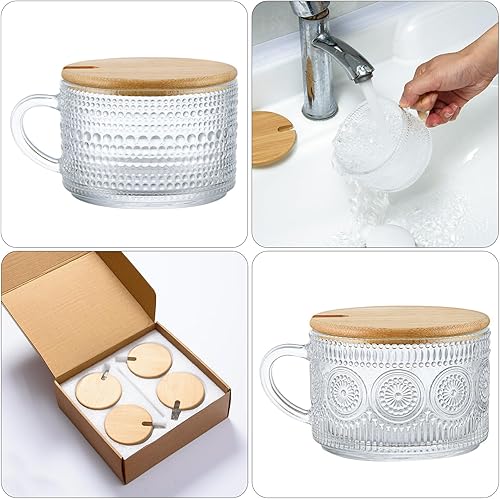 Miniatura 4 de Juego de 4 tazas de café vintage, recipientes de avena durante la noche con tapas y cucharas de bambú, tazas de vidrio transparente en relieve de 14