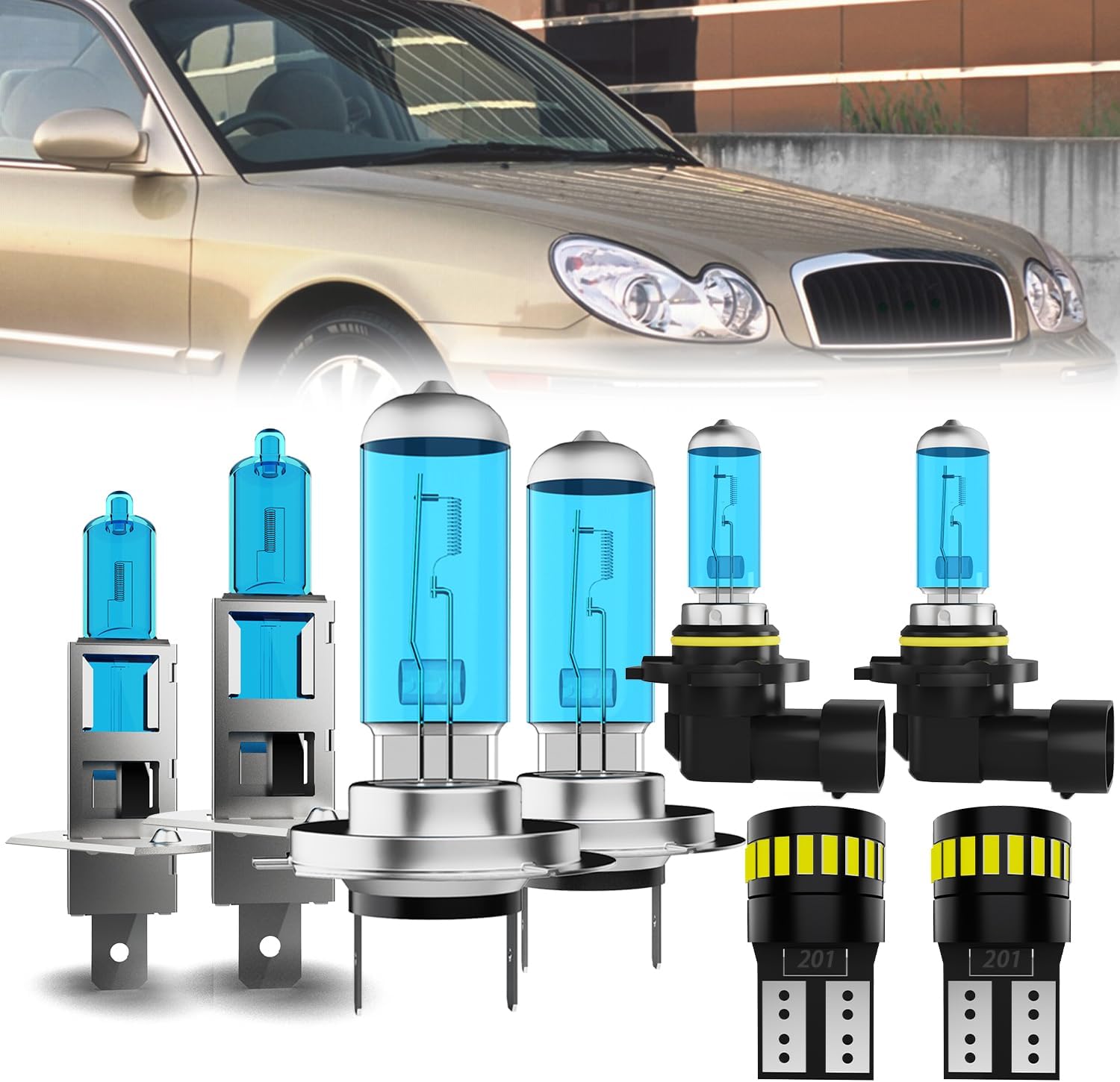 Headlight Bulbs License Plate Lights Fit For Hyundai Sonata 2002-2005, H1 High Beam + H7 Low Beam + 9006 Fog Lights Halogen Bulb + License Plate Lights, Pack of 8