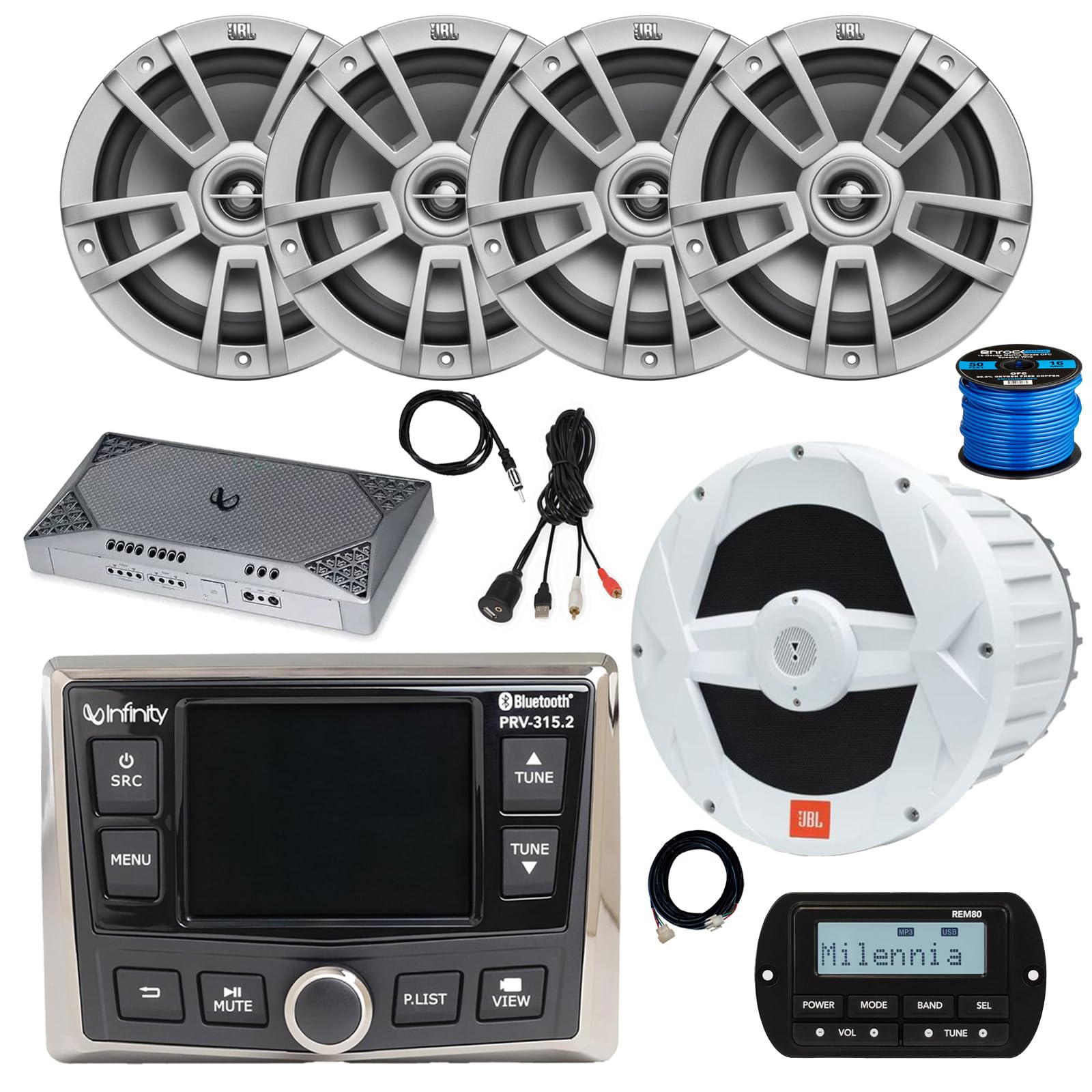 Infinity PRV-315.2 Marine Gauge Style Bluetooth AM/FM/WB Radio Receiver, Wired Remote, Extension, 4x 8