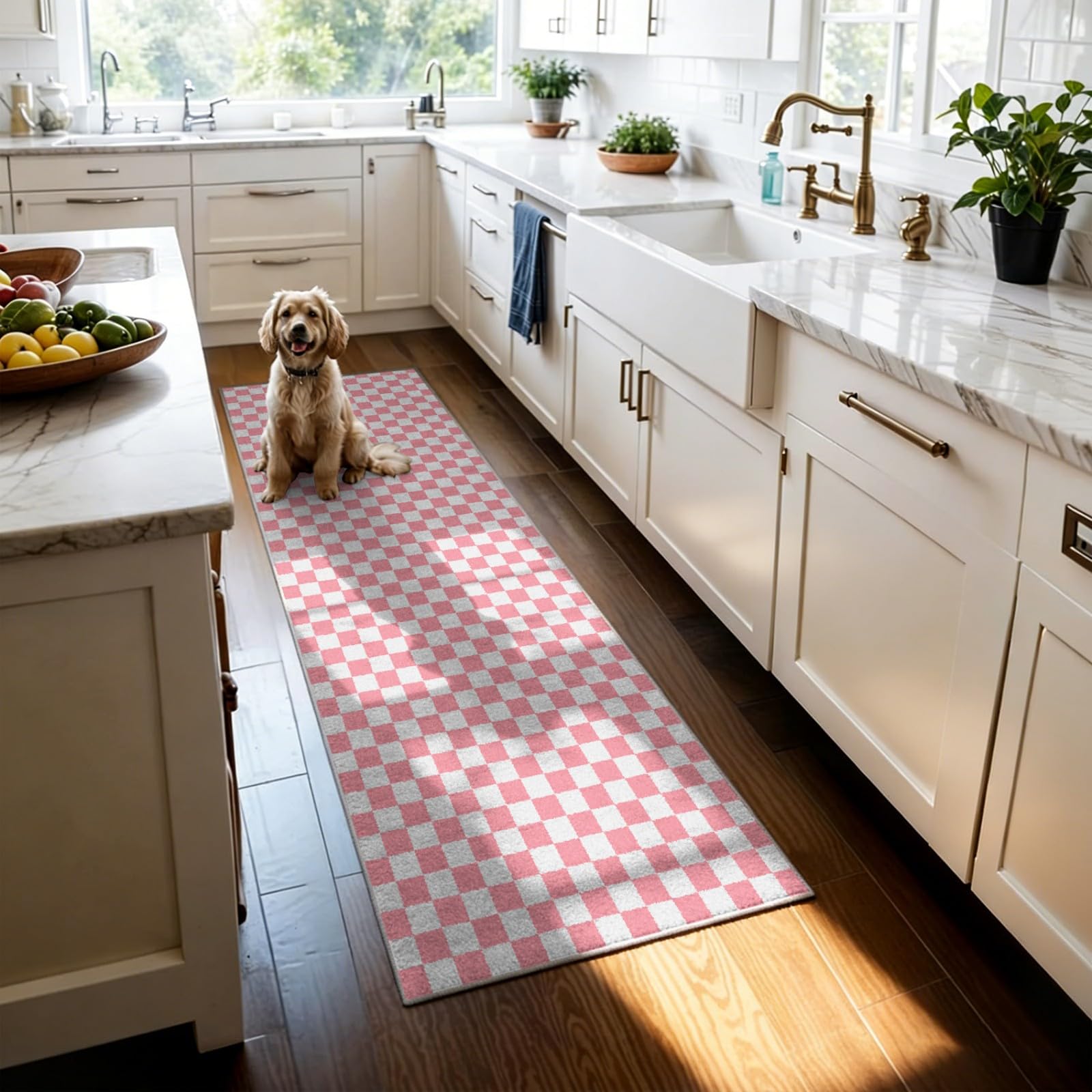 WAOTMN Checkered Carpet Runners for Hallway, 80x300cm,Pink and White Non Slip Rug Runners,Thin Foldable Simple Modern Checkerboard Rugs Area Mat for Living Room Entryway Runner Rug