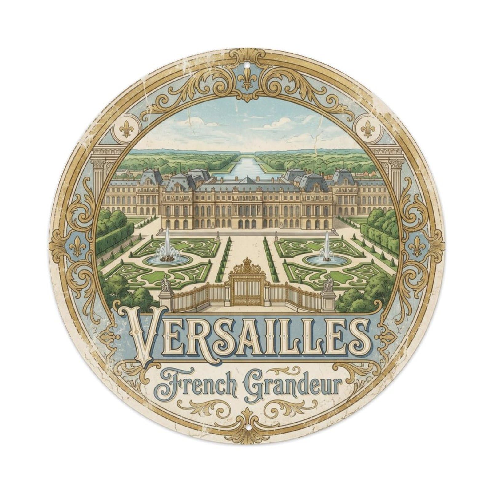 Gtthok Vintage Style-29 Vintage Travel Versailles French Grandeur Metal Tin Sign Plaque Wall Decor For Cafe, Club, Garden Round Metal Poster 8X8inch