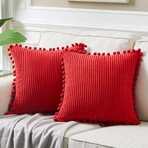 Miniatura 1 de Fancy Homi - Paquete de 2 fundas de cojines, de pana suave y decorativas, con pompones, cuadradas, de color liso, fundas de cojines para sofá,