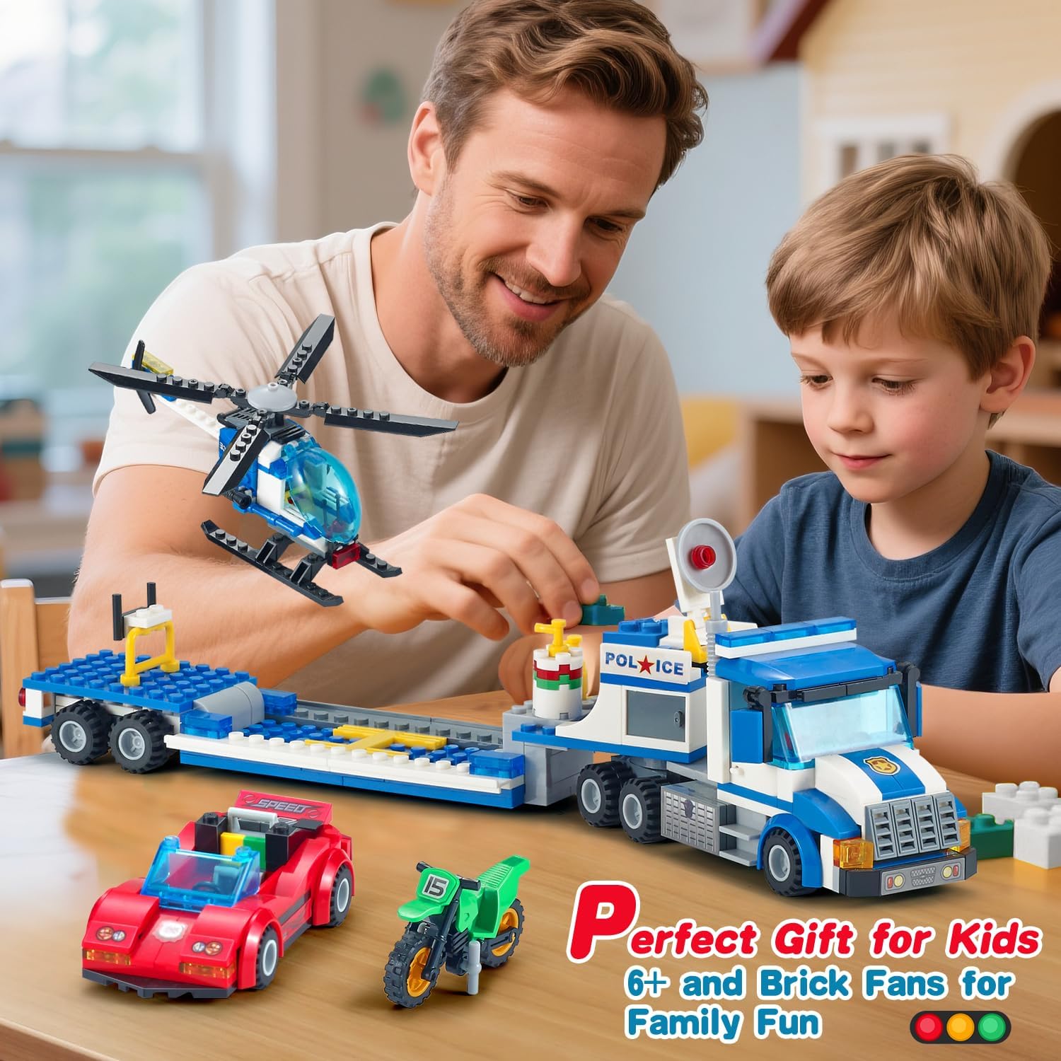 TIALLOW City Police Car Truck Building Sets for Boys, Semi Truck and Trailer Building Blocks Vehicles Kits with Helicopter, Motorcycle,Race Car, for Kids Ages 6 7 8 Years Old and Up