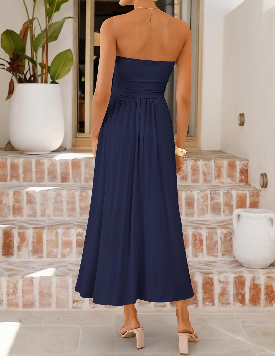 ZESICA Women's Summer Sleeveless Midi Dress 2026 Strapless Ruched A Line Flowy Wedding Guest Party Beach Long Dresses - Image 6