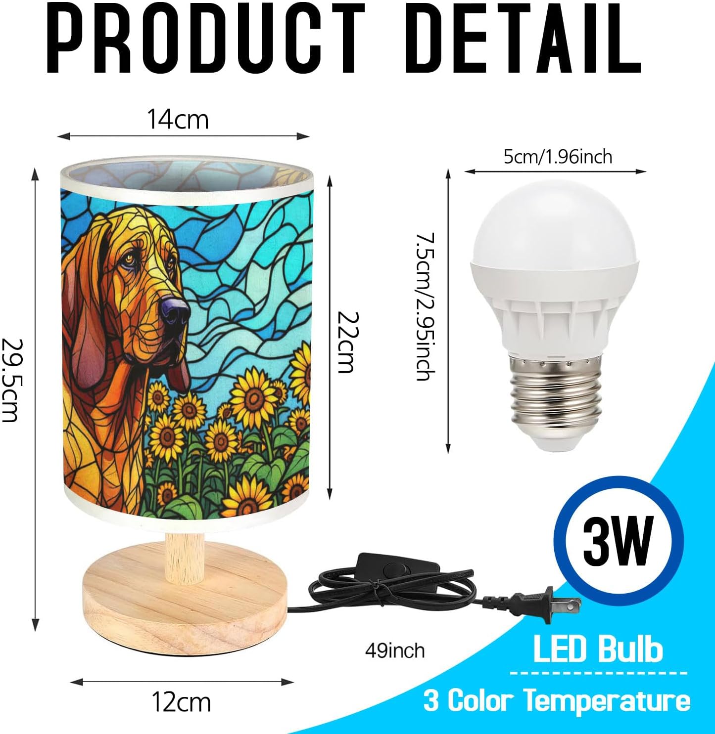 Bloodhound Table Lamp LED 3-Color Pressed Bedside, Dog Shade Lamp with Wood Base for Bedroom Living Room Desk Office