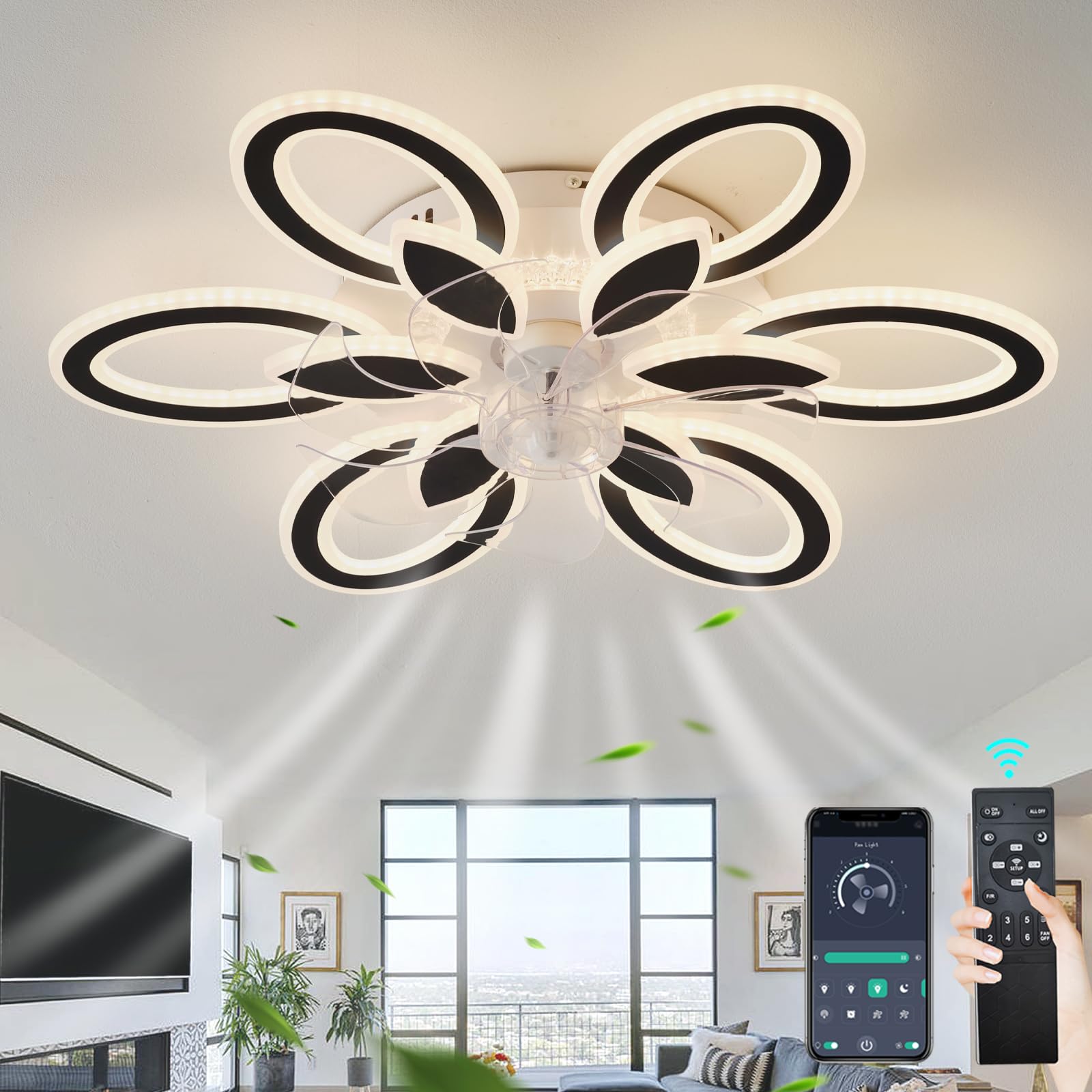 LED Ventola Lampadario Silenzioso Reversibile 6 Velocità Plafoniera Con Ventilatore Integrato , Dimmerabile Timer Ventilatore Da Soffitto Con Luce E Telecomando Per Camera Da Letto Soggiorno, Bianco