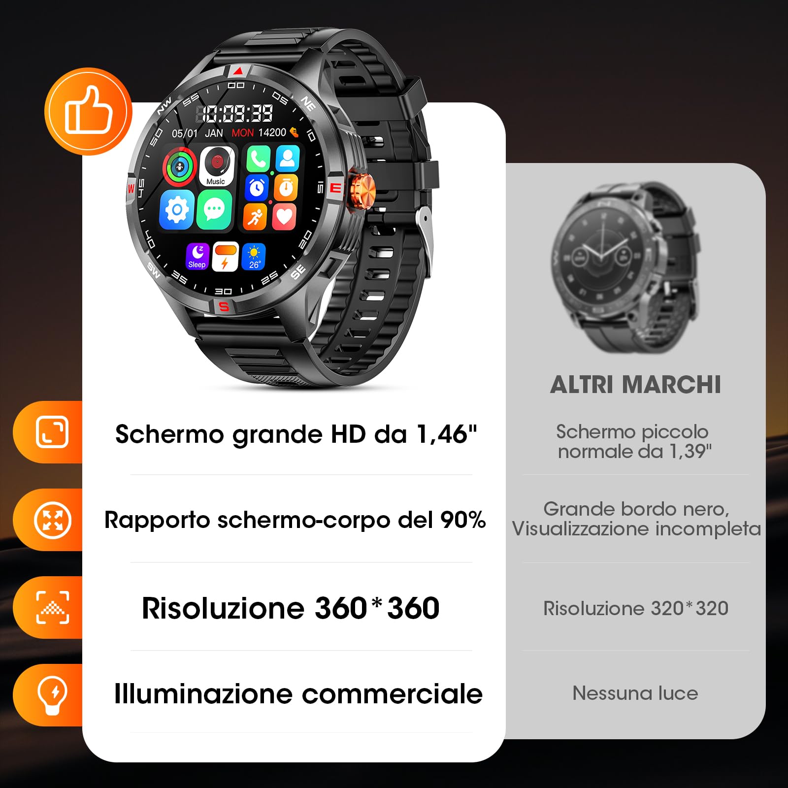 Smartwatch militare da uomo, grande capacità, batteria da 1000 mAh, schermo HD da 1,46", con monitoraggio chiamata/sonno, modalità multi-sport, fitness tracker, per Android/iPhone