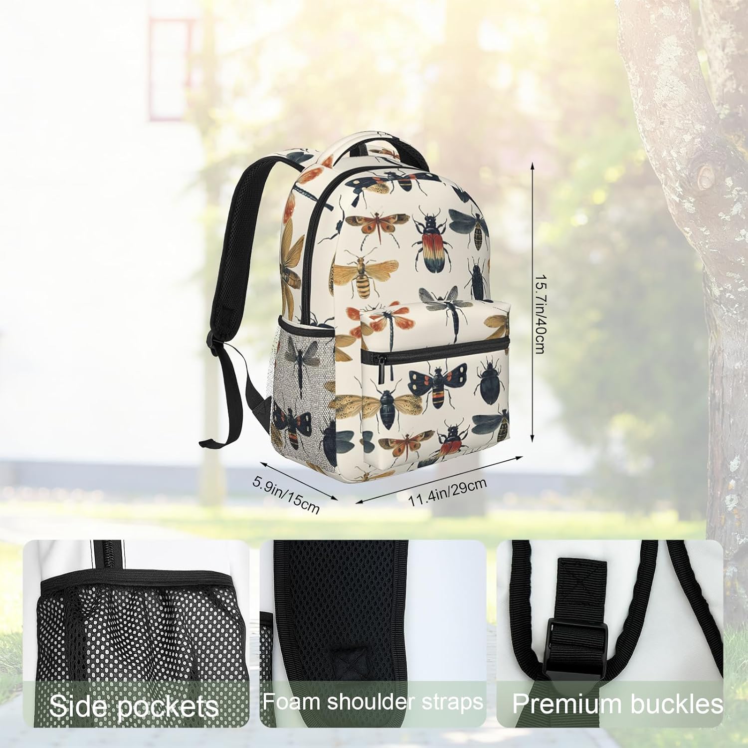 Vintage Insect Backpack, Polyester Backpacks with Straps, 11.4inx5.9inx15.7in, Multi-Pocket Storage Bookbag, Ideal For School Travel Work Hiking Camping, Girls Boys Women Nature Lovers Gifts
