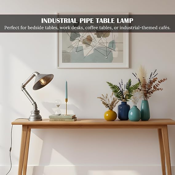 Industrial Steampunk Pipe Table Lamp 31cm Brushed Silver E27 Desk Light [Energy Class A]