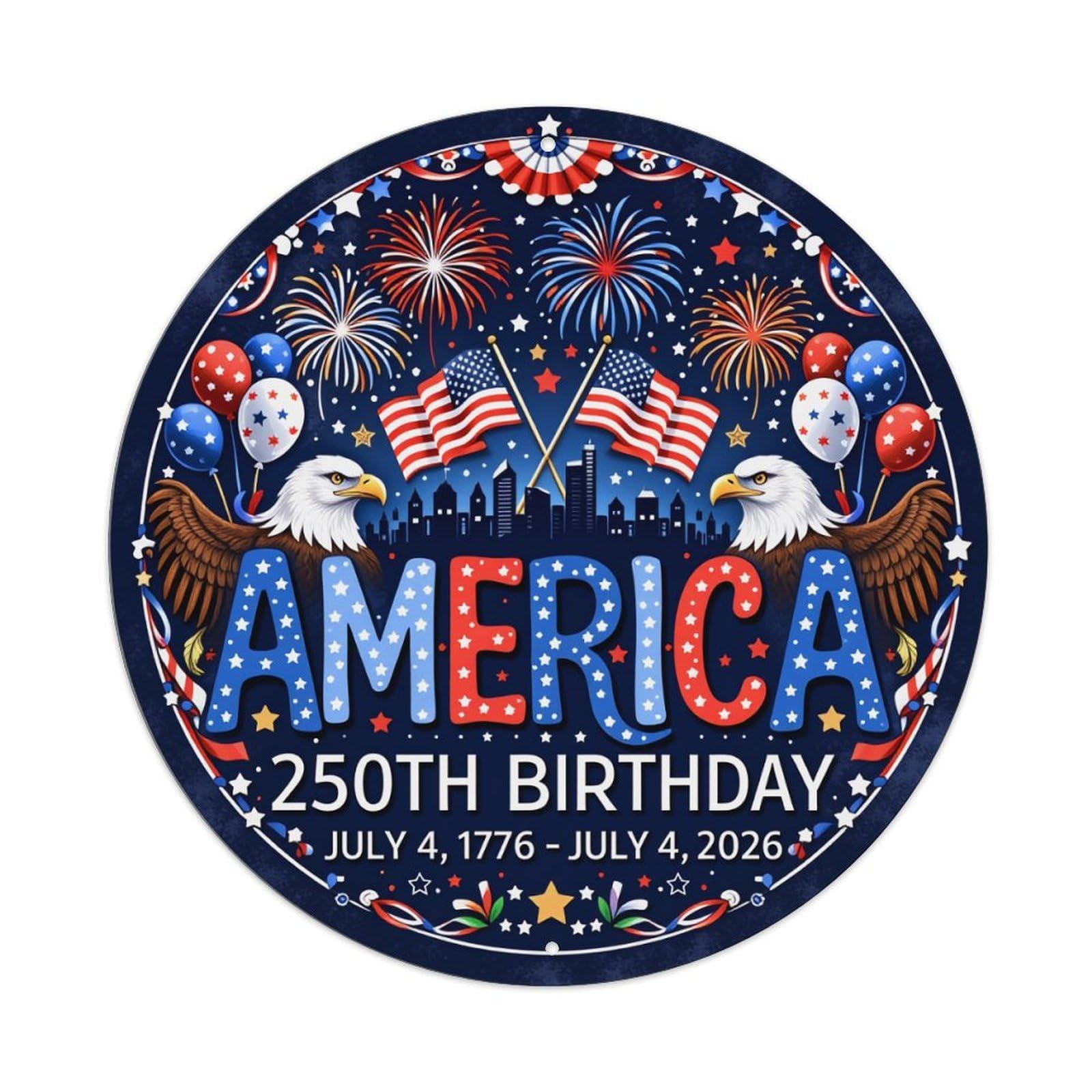 American Flag Fireworks Eagles Stars Round Tin Sign Vintage Metal Poster, Home Bar Garage Man Cave Cafe Indoor & Outdoor Wall Decoration 8x8Inches
