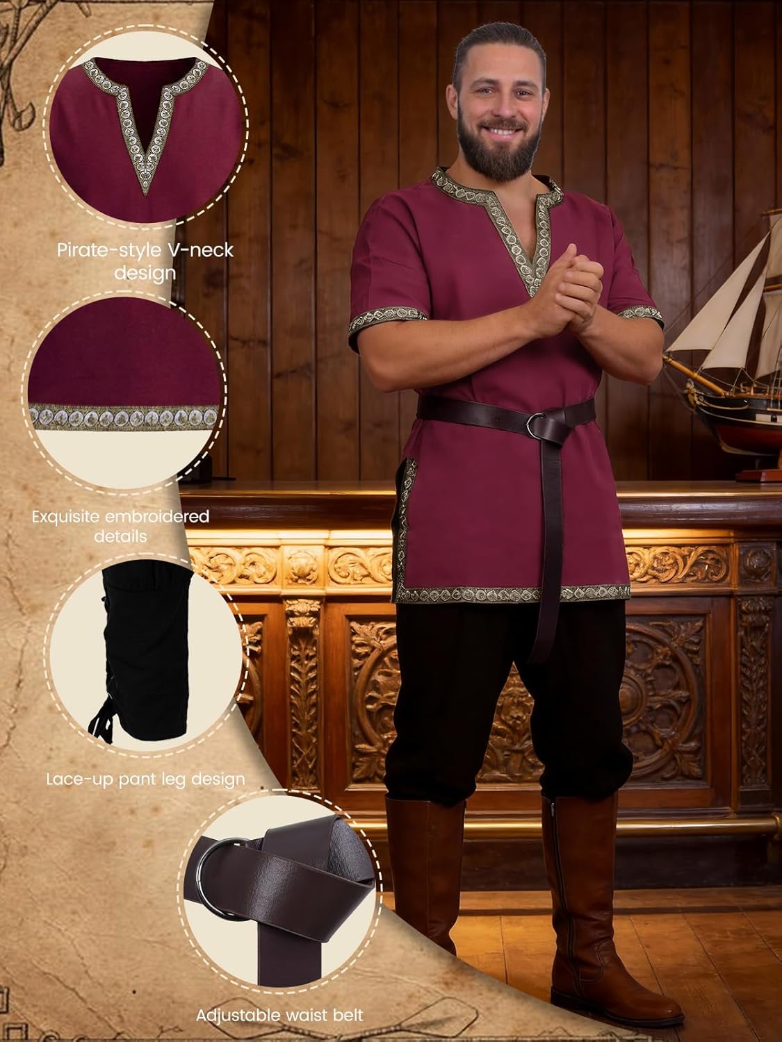 Renaissance Medieval Knight Costume for Men - 3PC Pirate Viking V-neck Tunic Set Halloween Cosplay Outfit - Image 3
