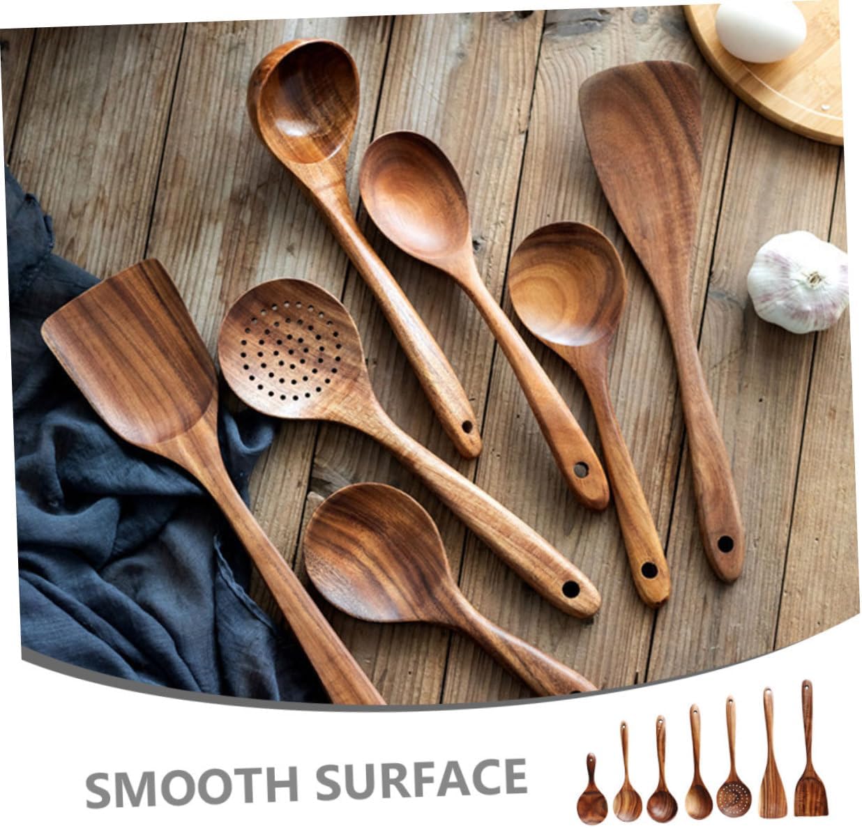 Garneck Wooden Cooking Spoons Non-stick Utensils for Kitchen with Strainer Compact Wooden Scoop Set for Household Use Cooking Enthusiasts