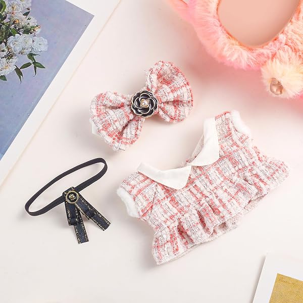 3 Stück Puppenkleidungs Set für Puppe,Kompatibel mit Labubu,Rosa Schleife,Krawatte & Kleid Puppenzubehör Vinyl Plüschtier Niedlich Outfit Accessoires für Puppen - 2