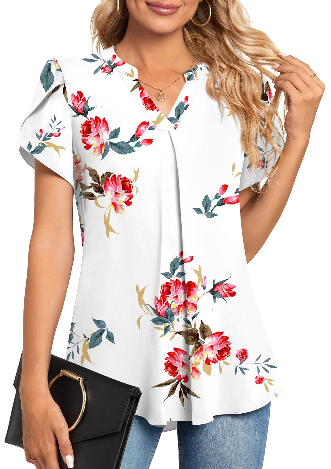 Anyhold Women's Summer Dressy Chiffon Blouse Notch V Neck Petal Sleeve Tops Loose Casual Cute Shirts for Work