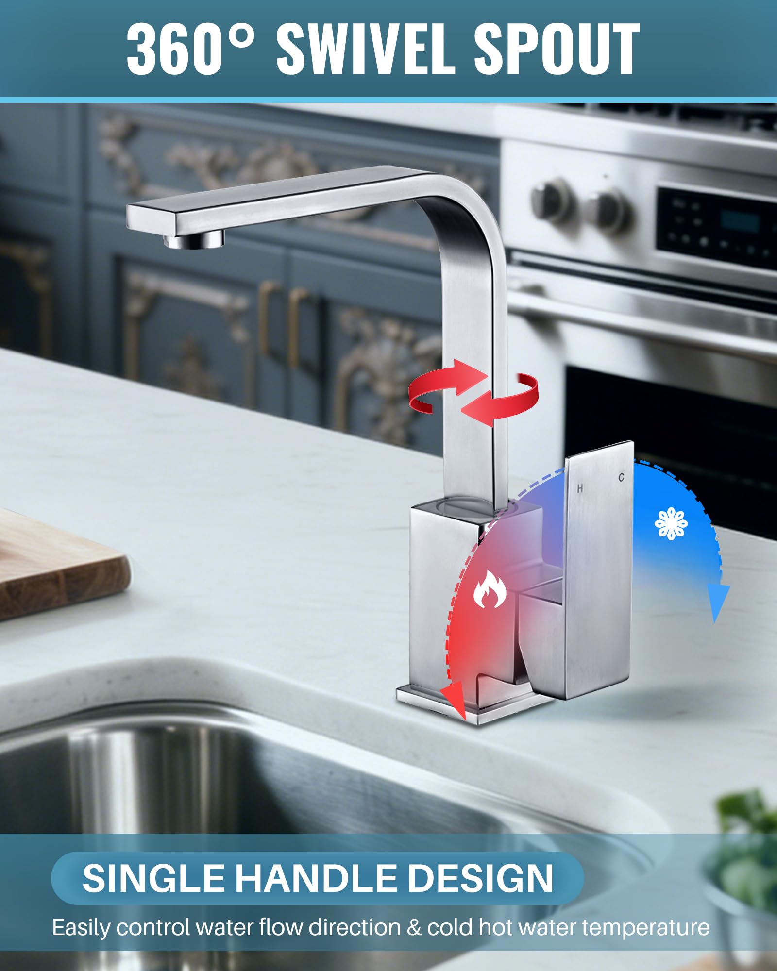 iVIGA rubinetto cucina, miscelatore lavabo girevole 360° Miscelatore cucina in acciaio inox con 2 tubi, miscelatore, lavabo con cartuccia in ceramica adatto per bagno, cucina, casa mobile