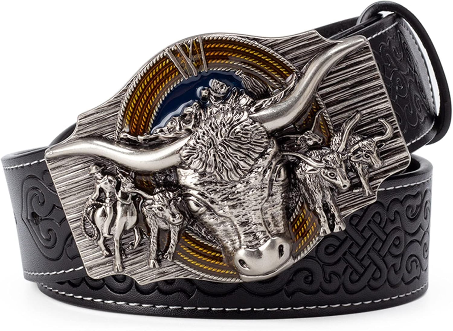 Ceinture western cowboy à longue corne taureau en cuir PU rétro noir 110cm