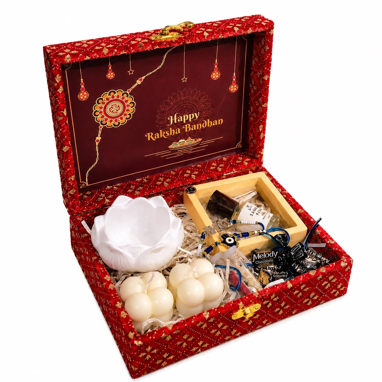 Rakhi Gift Hamper for Brother & Sister with Sandal Attar Perfume 12ML Rakhi Set Candle Holder Bubble Candle Roli Chawal Toffees Raksha Bandhan Gift Box Festival Gift Combo-image-16