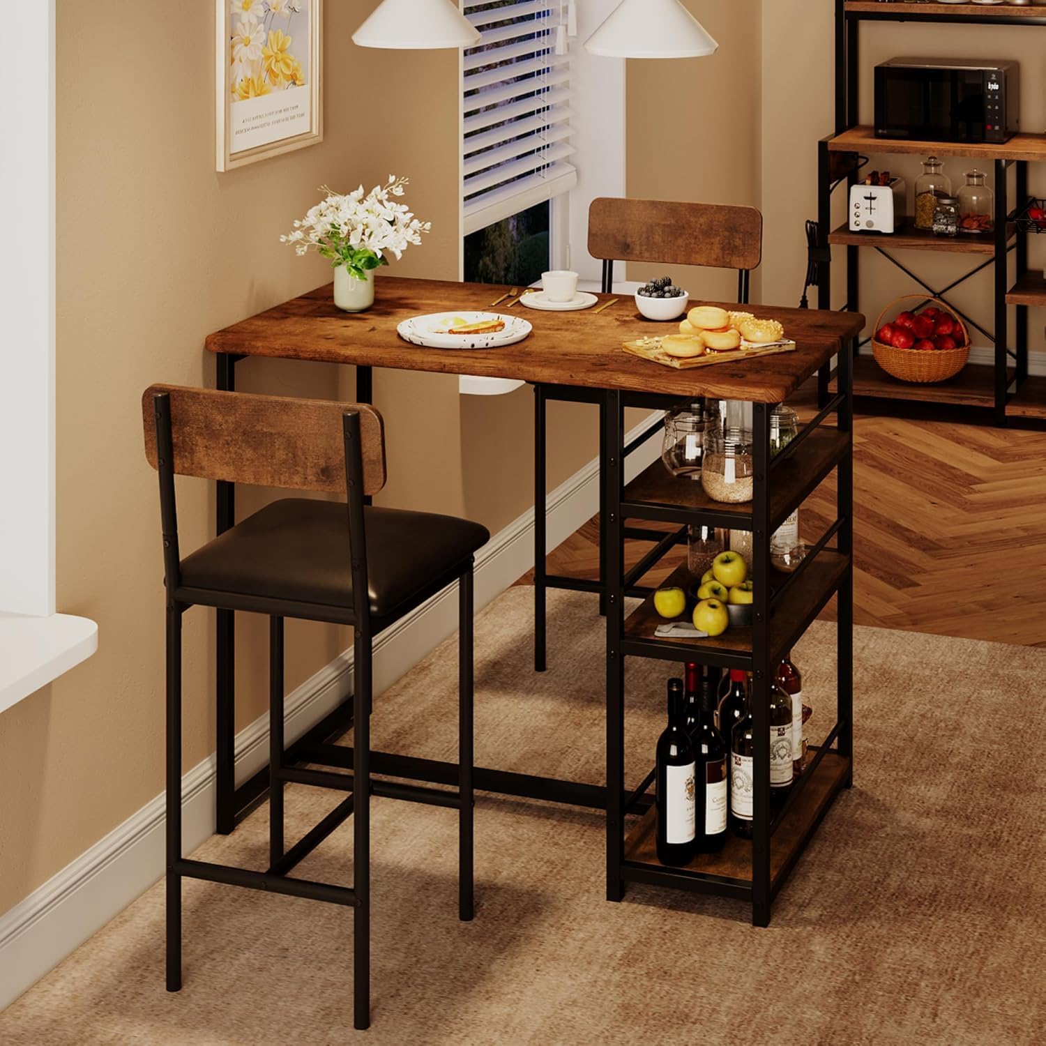 Counter Height Dining Set for 2, 3-Piece Pub Table and Chairs with 3 Storage Shelves, Upholstered Bar Stools, Industrial High Top Dining Set for Small Space, Apartment, Kitchen, Breakfast Nook,Brown.