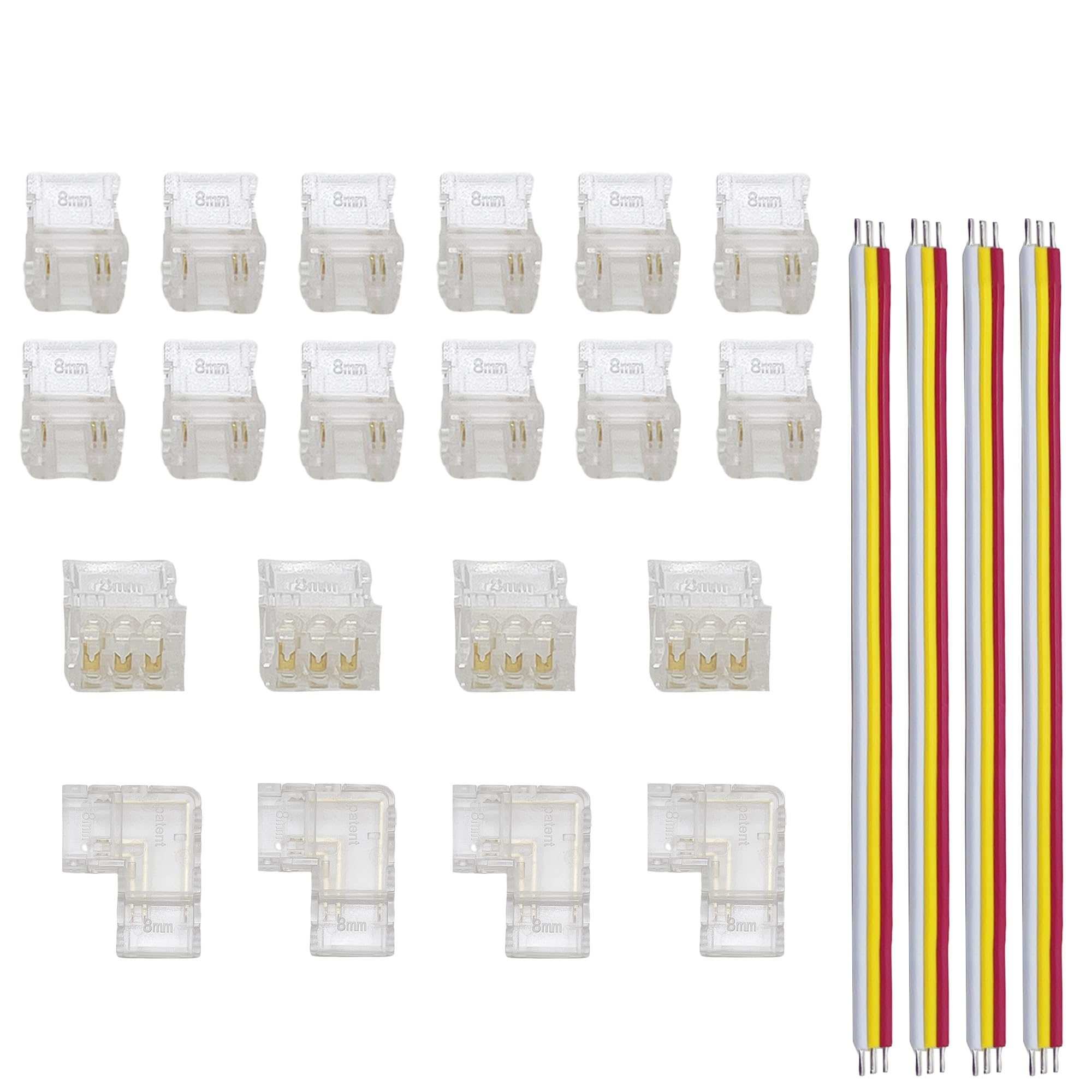 Clearhill 8mm 3Pin 24Pcs Transparent Solderless COB LED Strip Connector Corner Kit,Strip to Wire 4P,Strip to strip 12P,L-Shape 4P,Red and black wire 4P,for Double Color 5V/12V/24V LED Strips.
