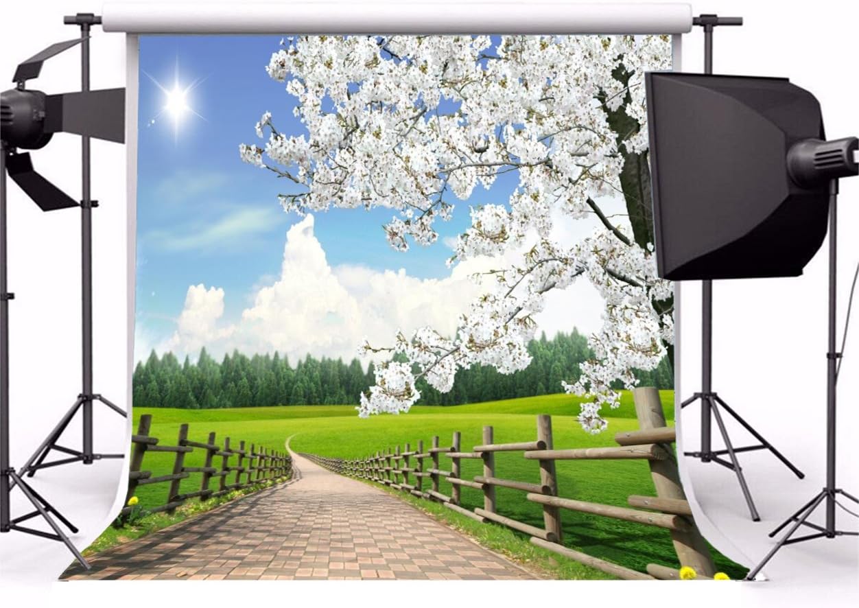 One-Day Sale: Up to 60% Off AOFOTO 10x10ft Spring Farm Scenery Photography Background Blossom Flower Tree Backdrop Rural Fence Walkway Lawn Sunny Blue Sky Park Outdoor Natural Landscape Photo Studio Props Adult Boy Girl Portrait