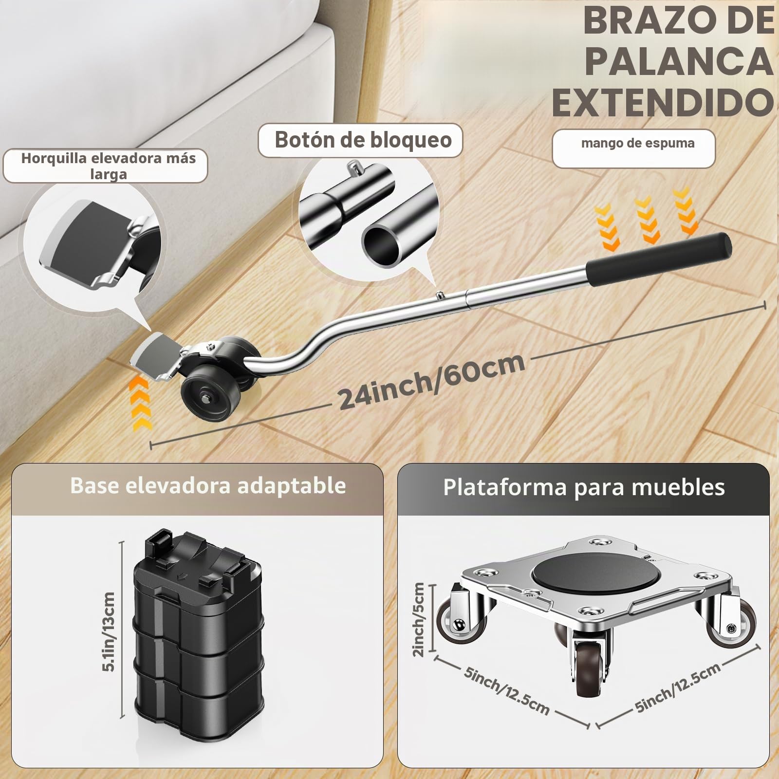 Kit de Transporte de Muebles con Función Parking, Carrito con Estabilizadores, Placa de Acero al Carbono Reforzada, Capacidad 500kg
