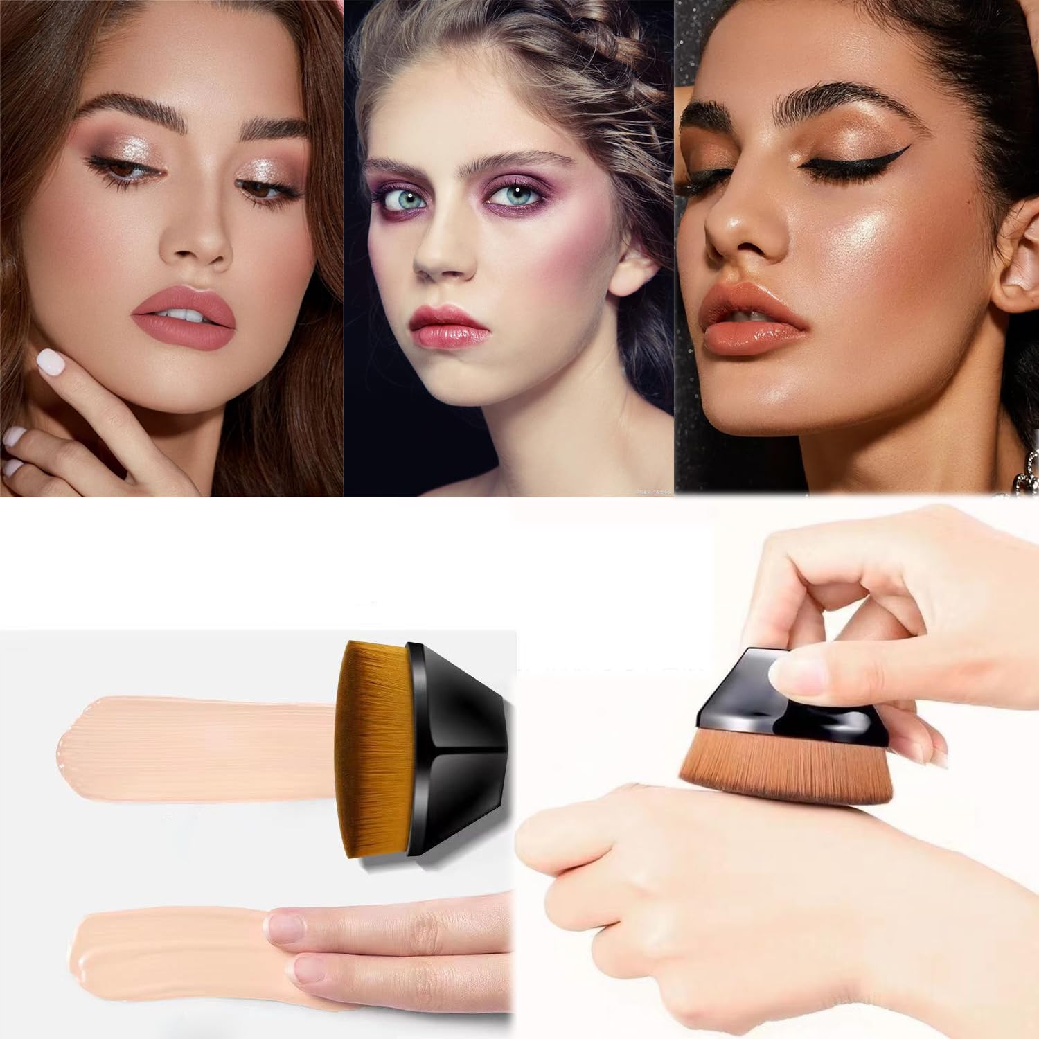 Tecerrity Foundation Brushes Set, Face Blush Liquid Powder Foundation Brush Blending Liquid, Cream, Makeup Tool Hair Clips Headband, Pack of 3