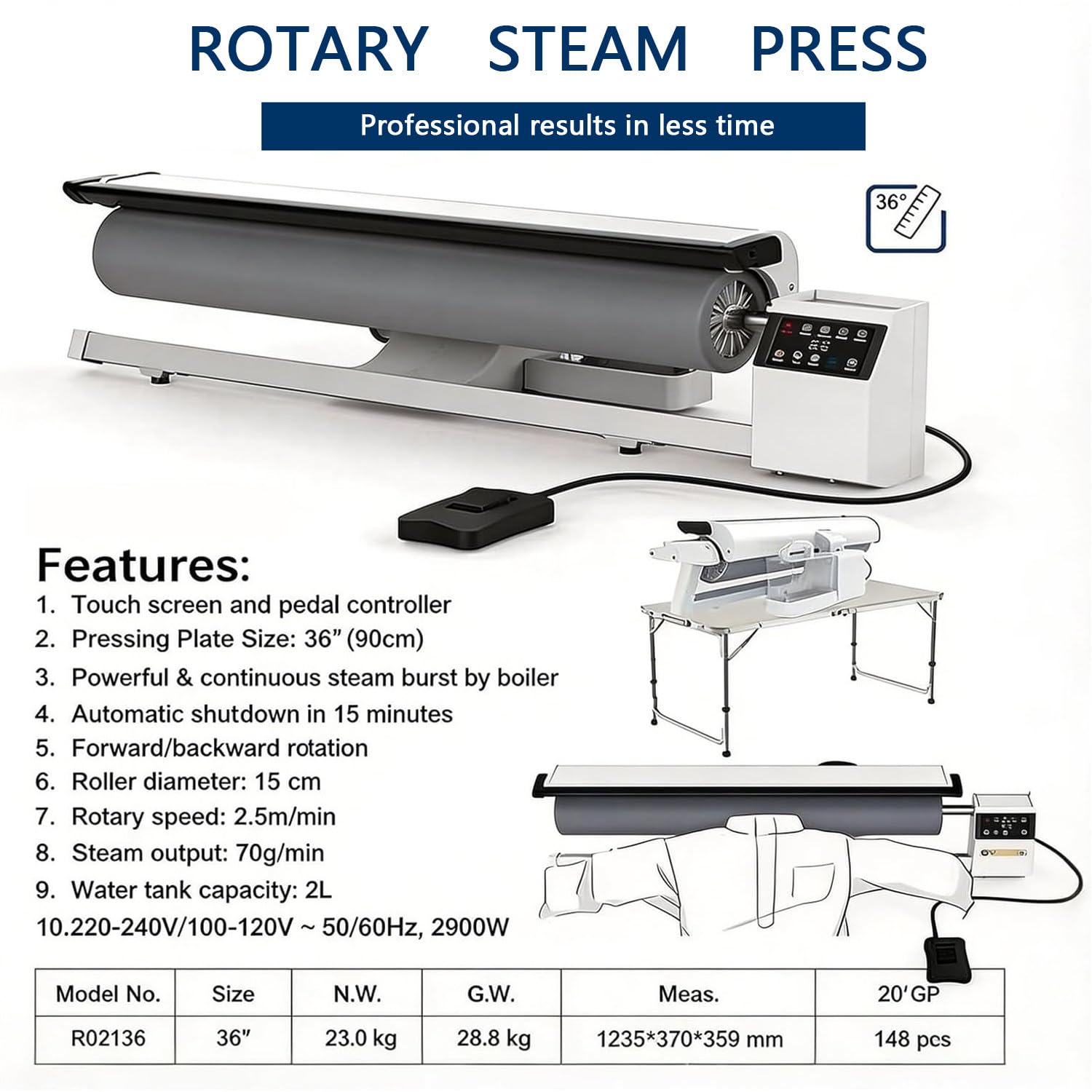 Plancha de Vapor rotativa Profesional de 90 cm, Plancha Industrial de Vapor, Plancha de Rodillos con Gran depósito de Agua de 2 litros y Pedal para Ropa, Cortinas, sábanas y manteles