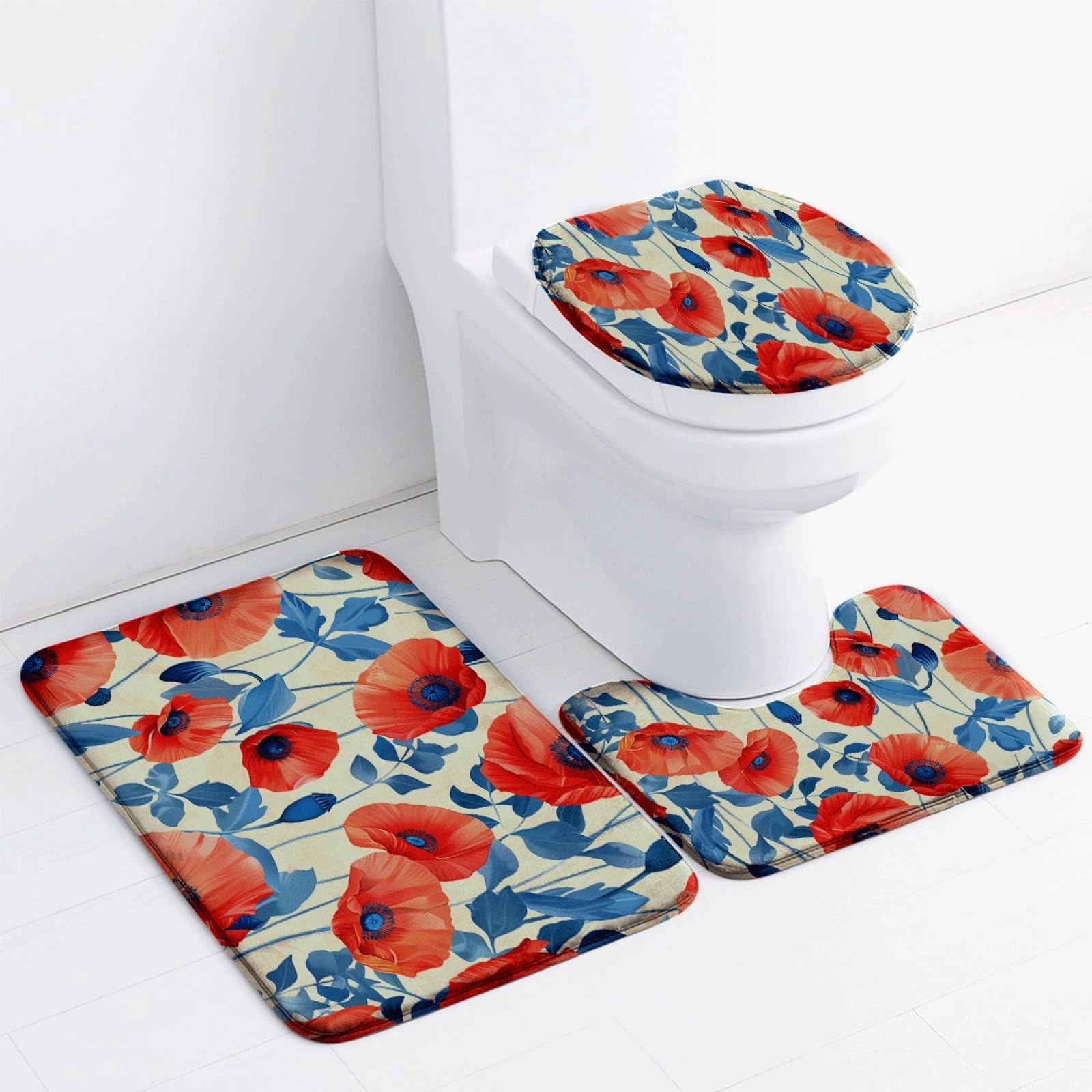 Tapis d'entrée beige bleu rouge et set de bain lavable 45x75cm
