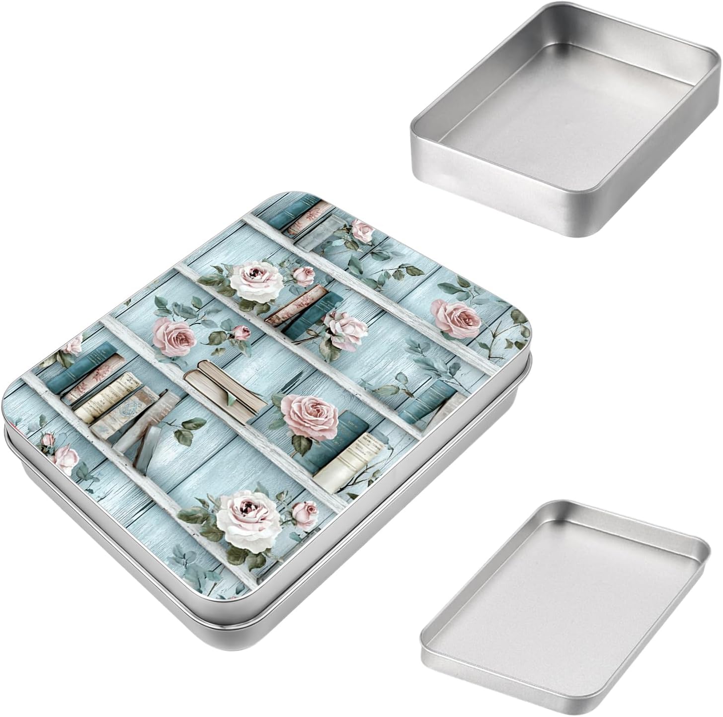Small Tin Box with Lids Multipurpose Tin Can Home Organizer Storage Container for Jewelry Pencils Car Keys and Other Small Items,Bookshelf Pink Roses