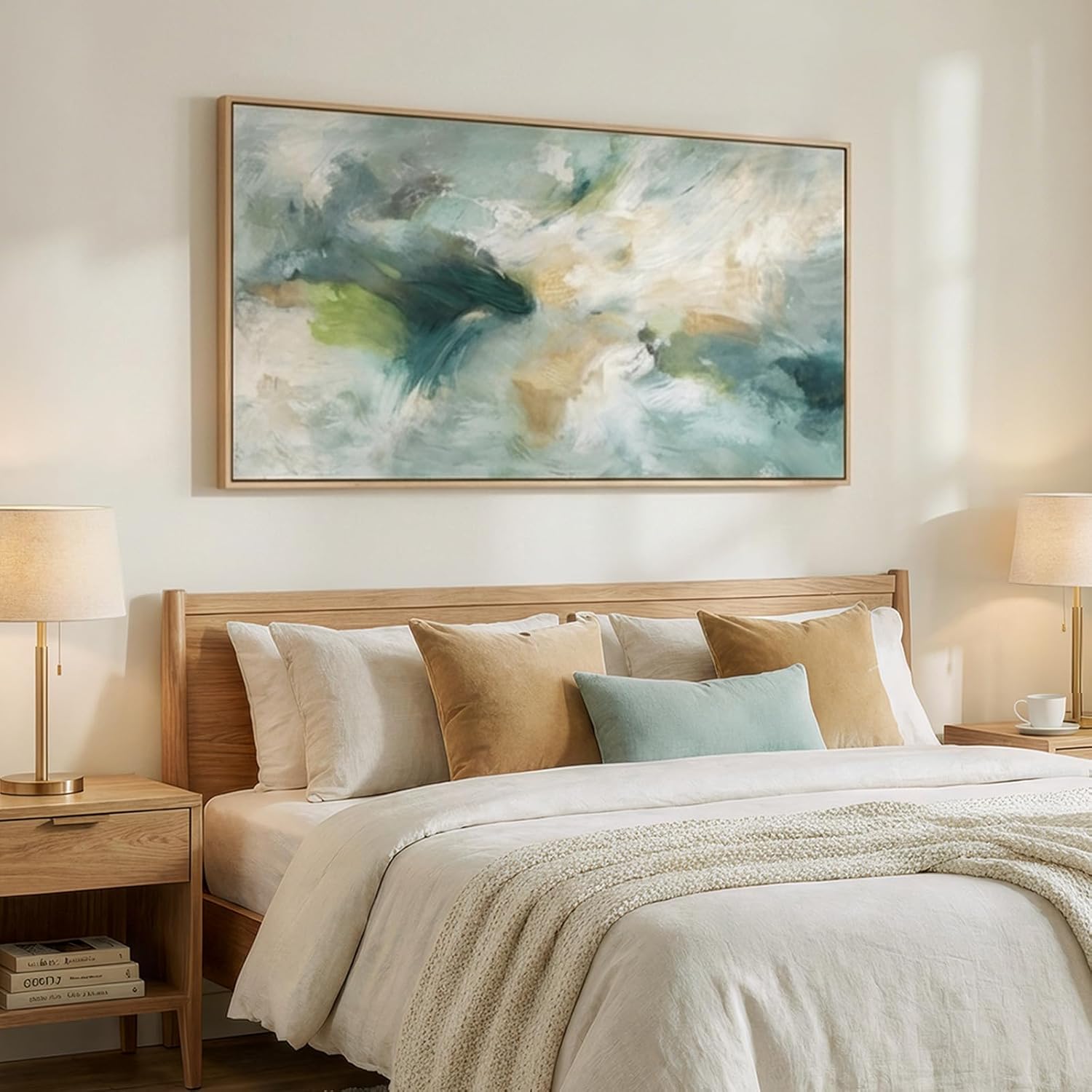Large Framed Sage Green Abstract Wall Art for Living Room, Modern Teal Horizontal Canvas Prints Paintings Artwork for Walls, Contemporary Pictures Wall Decor for Bedroom Dining Room Office, 30x60 In 60"L x 30"W Green B
