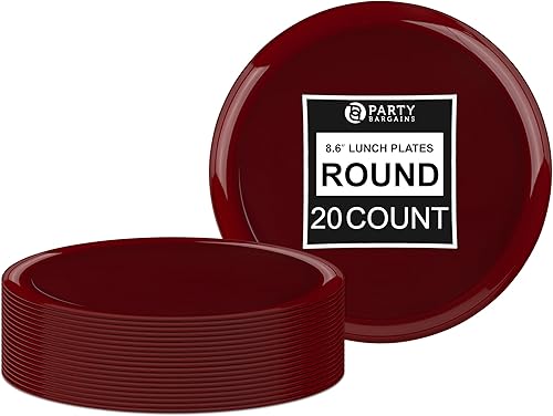 PARTY BARGAINS Platos desechables de color rojo arándano de 8.6 pulgadas, paquete de 20, platos de vajilla de plástico resistente colección de bordes