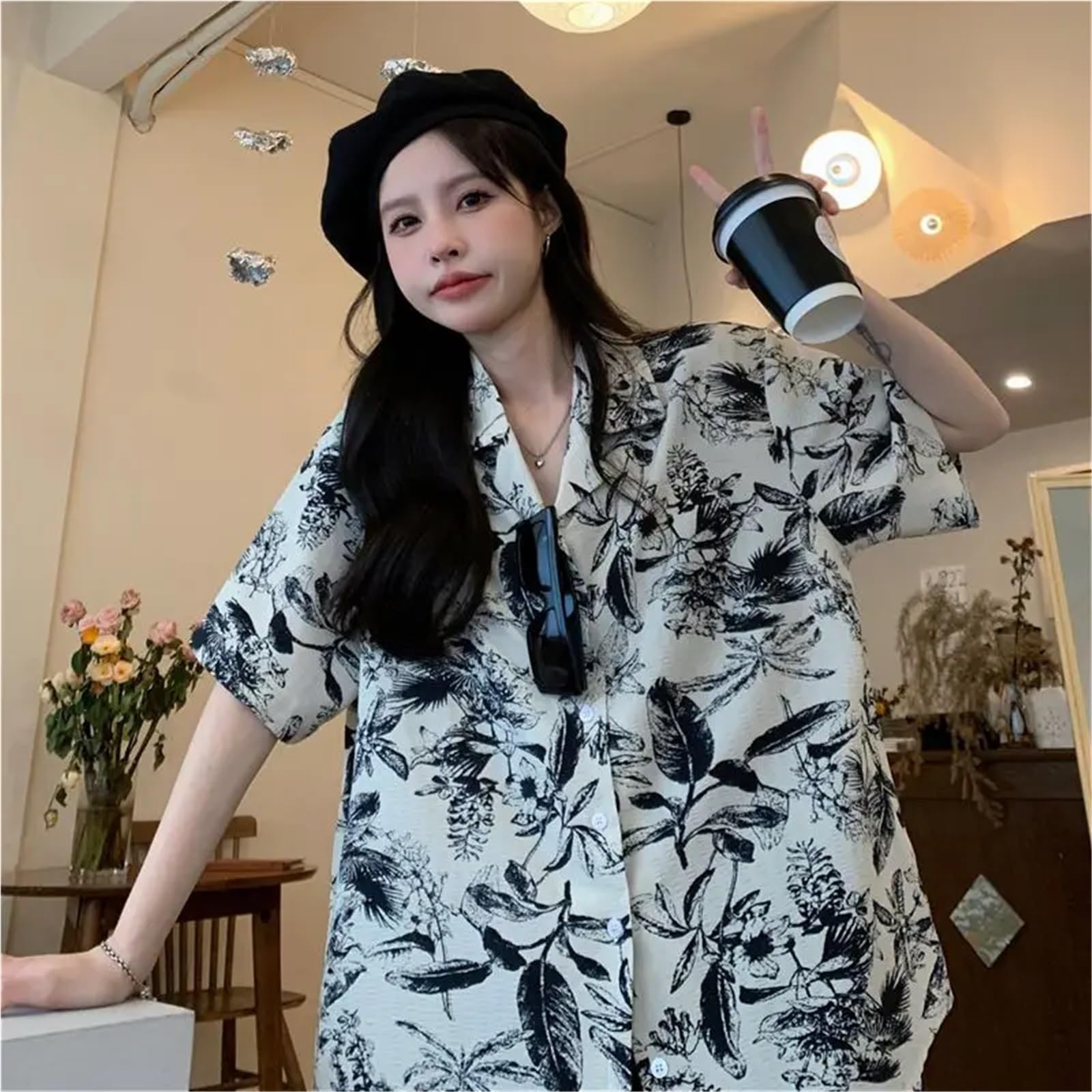 Camisa de Manga Corta con Estampado Floral Retro de Verano for Mujer, Camisa Playera, Top Holgado y versátil